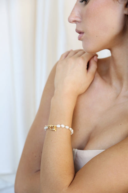 Freshwater Pearl and Gold Nugget Toggle Bracelet on model 4