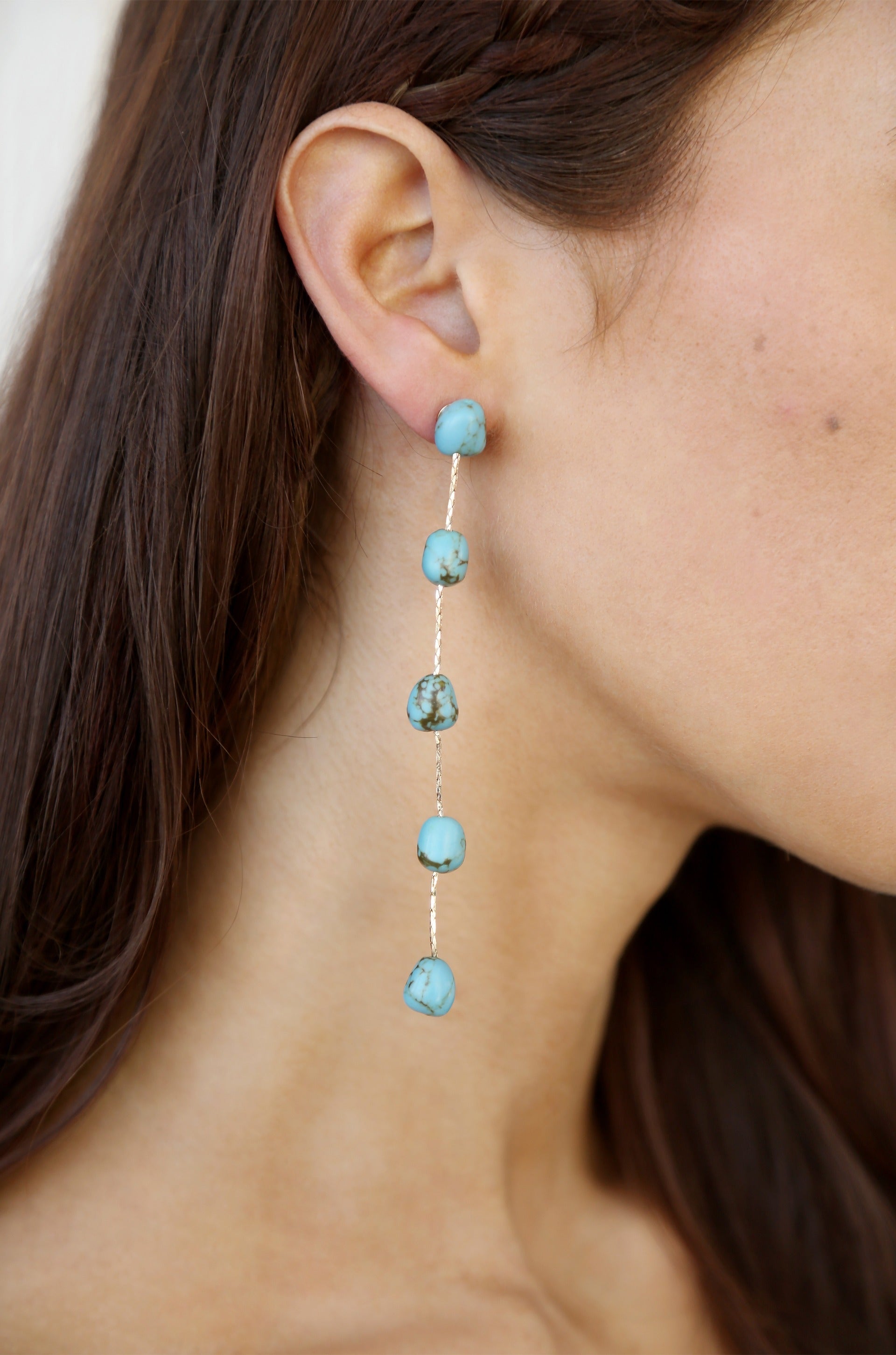 Dripping Turquoise Delicate Drop Earrings on model