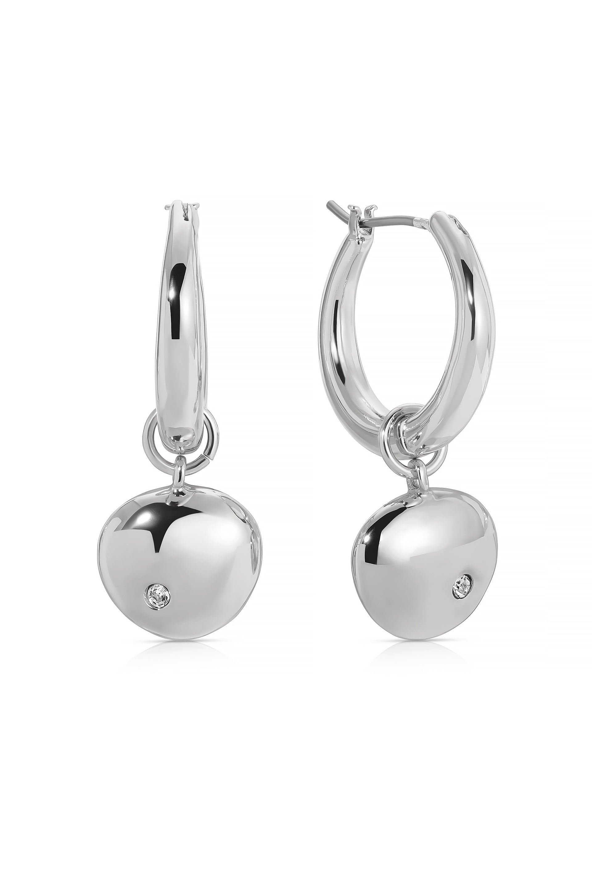 Polished Pebble Huggie Hoop Earrings Rhodium Plated 2