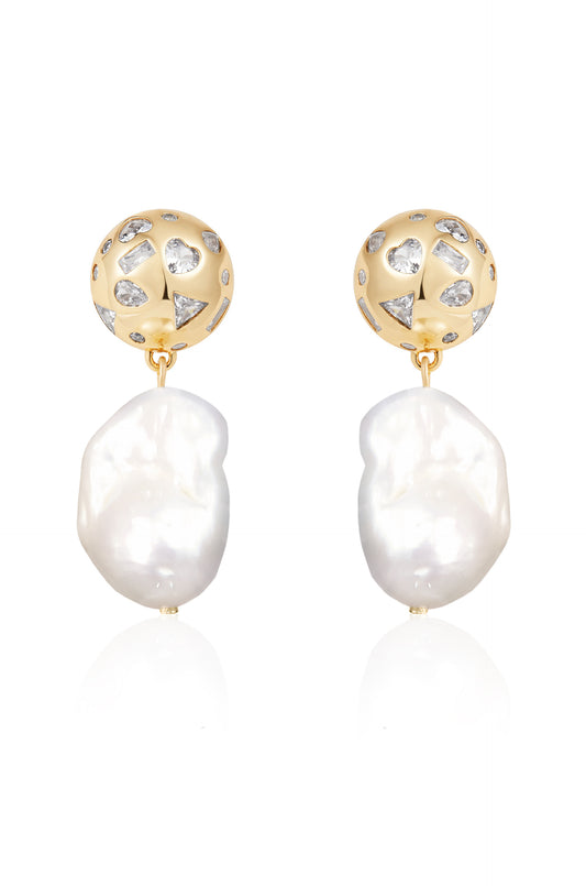 Bezel Ball Drop 18k Gold Plated Pearl Earrings