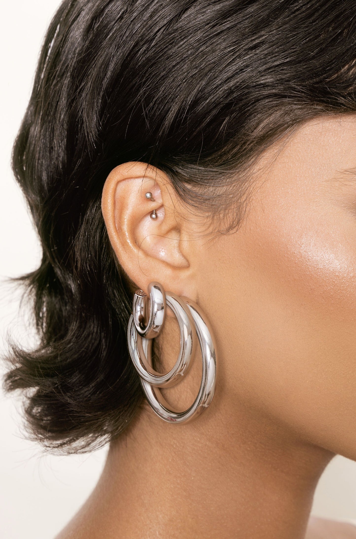 Thick Classic Hoops on model all 3 in rhodium