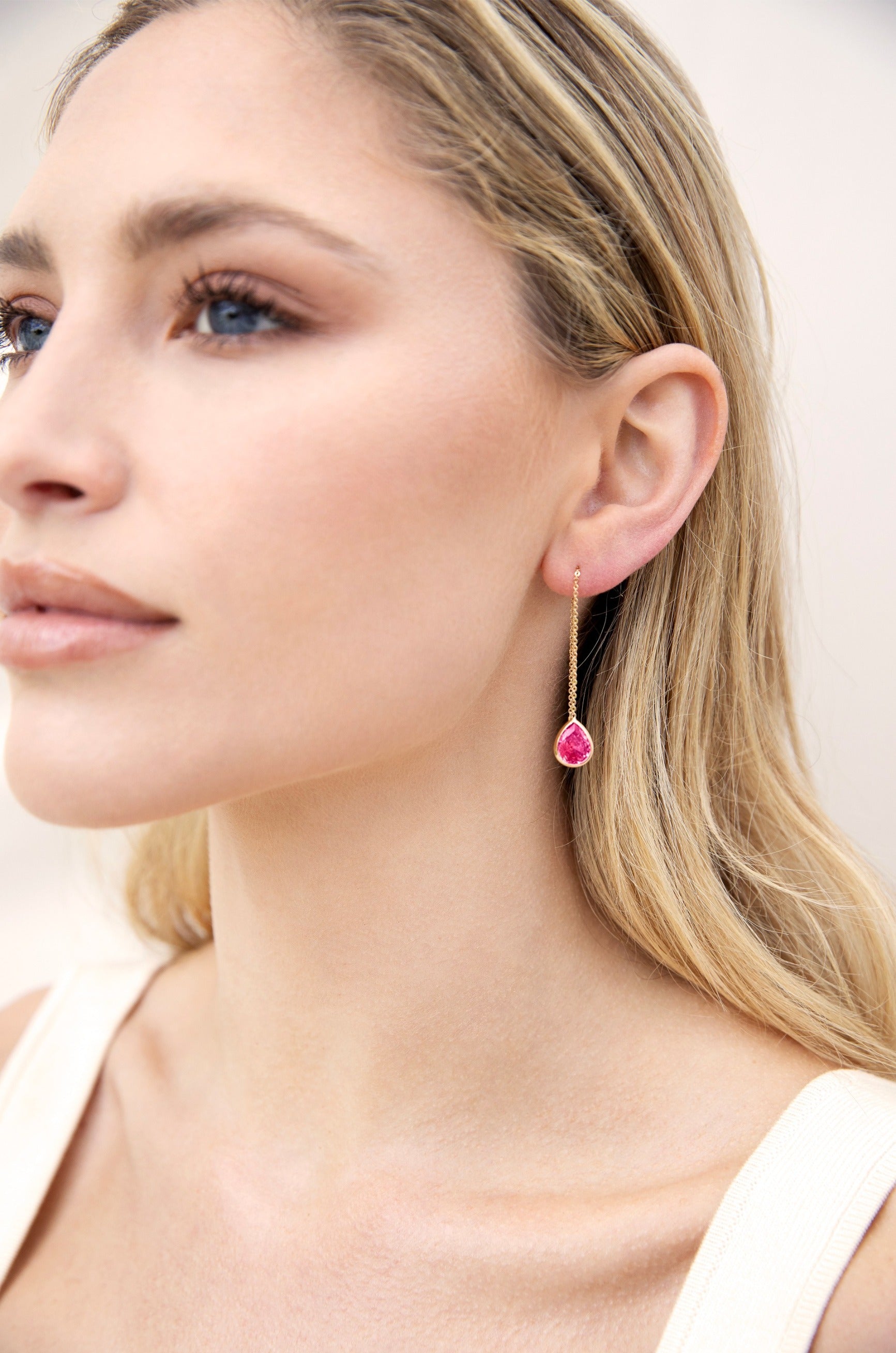 Barely There Chain and Crystal Dangle Earrings Fuchsia Crystal with 18k Gold Plating model