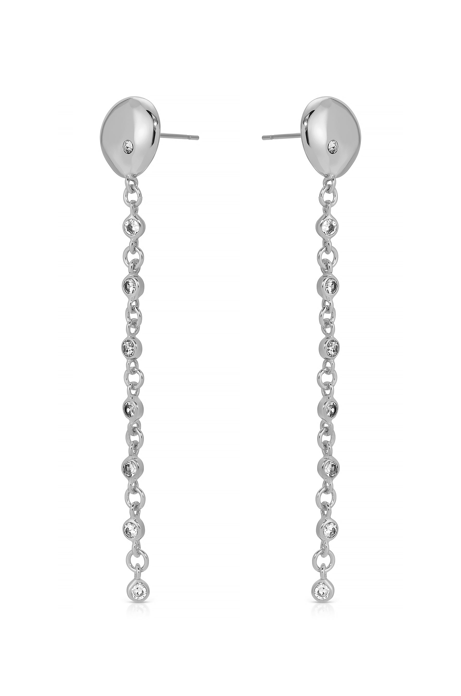 Polished Pebble Linear Chain Earrings Rhodium Plated 2
