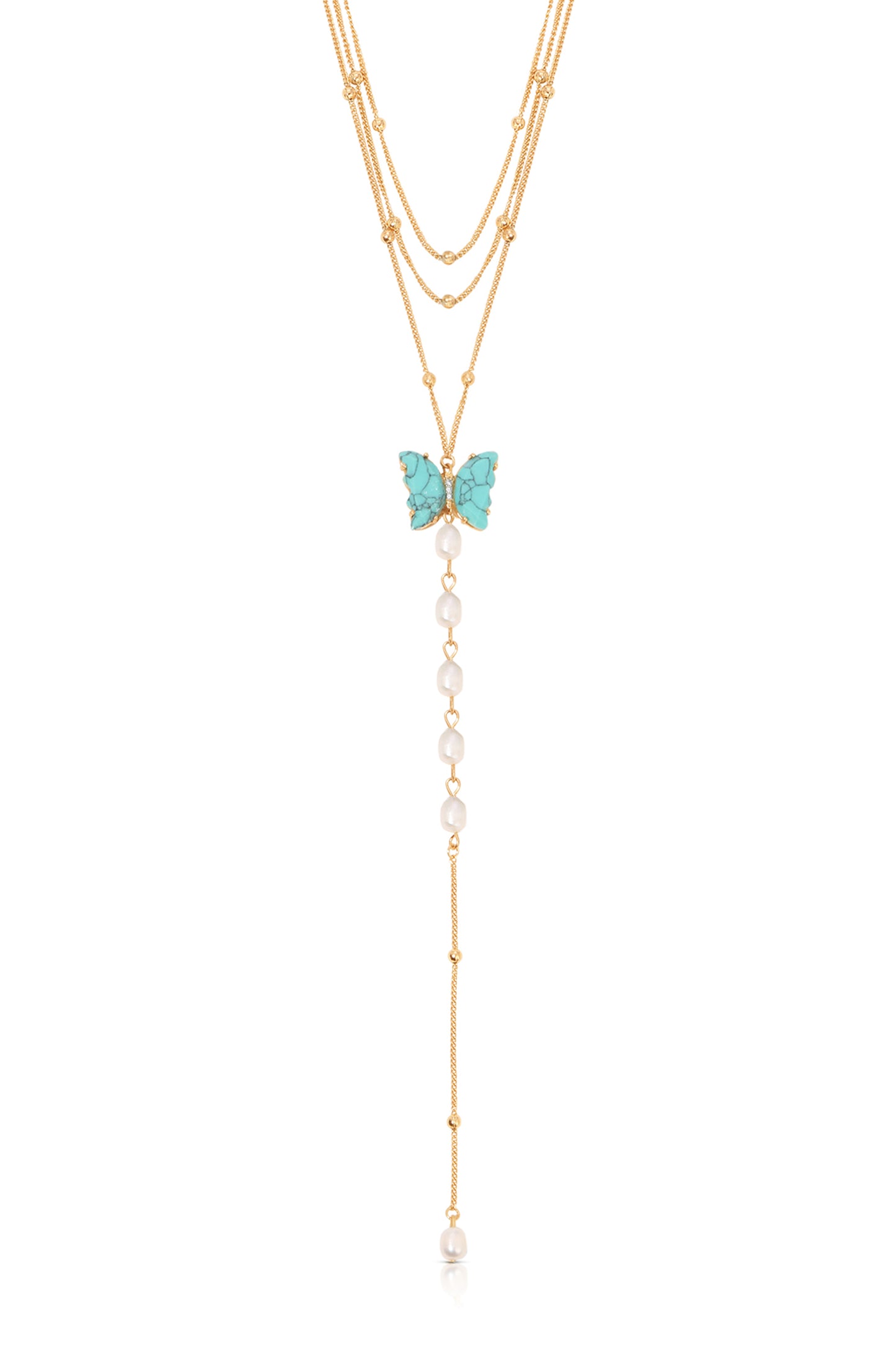 Turquoise Butterfly Pearl Chain Lariat Necklace