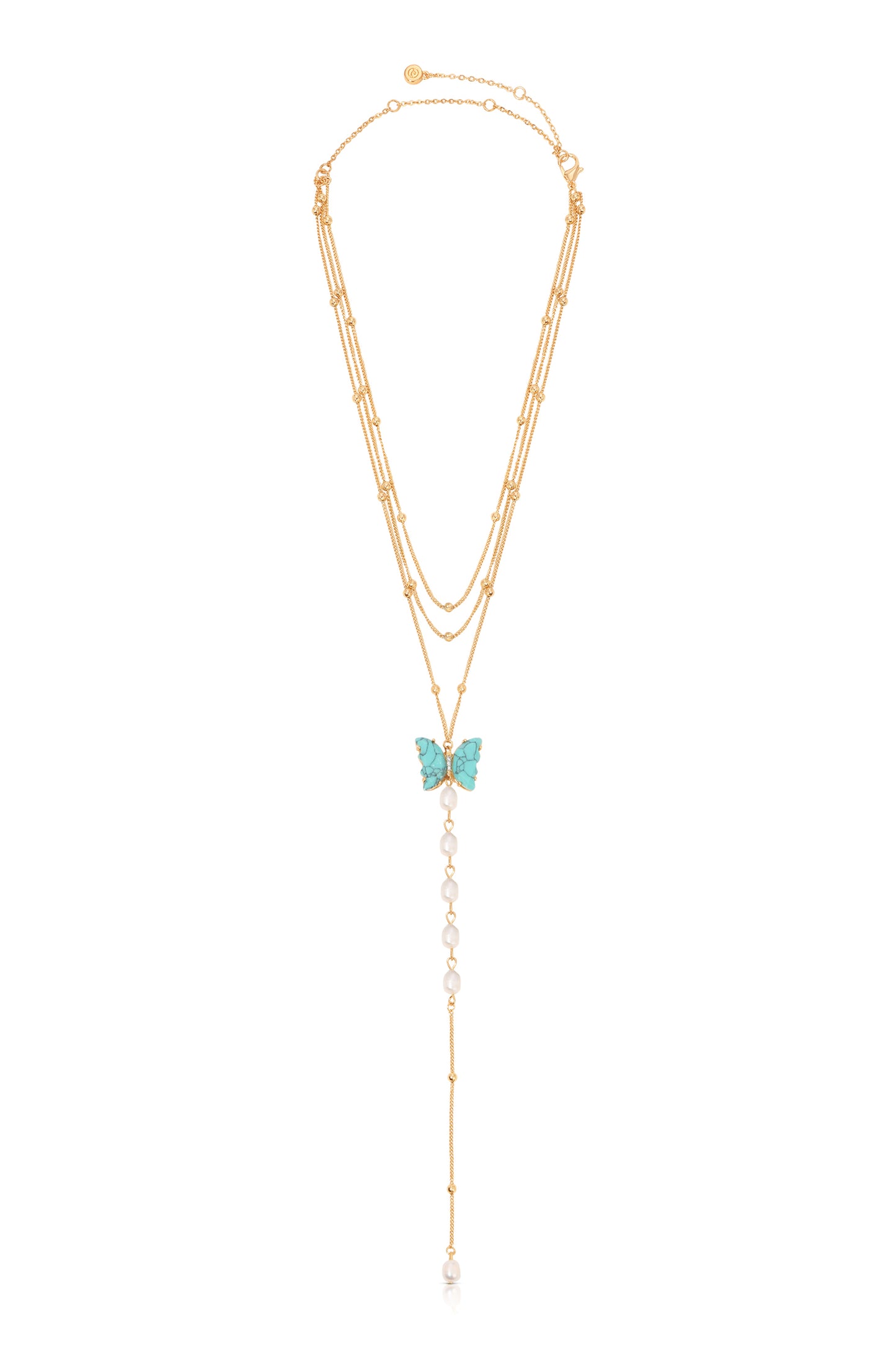 Turquoise Butterfly Pearl Chain Lariat Necklace full
