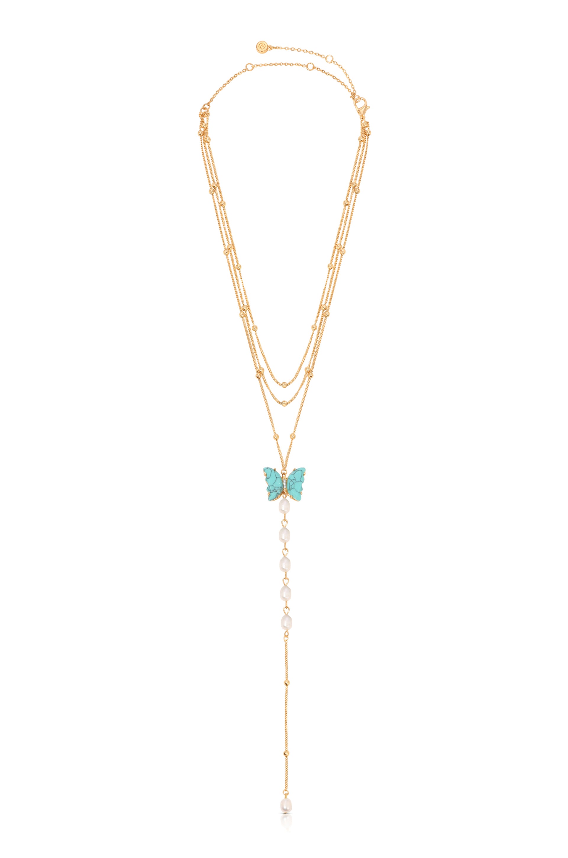 Turquoise Butterfly Pearl Chain Lariat Necklace full