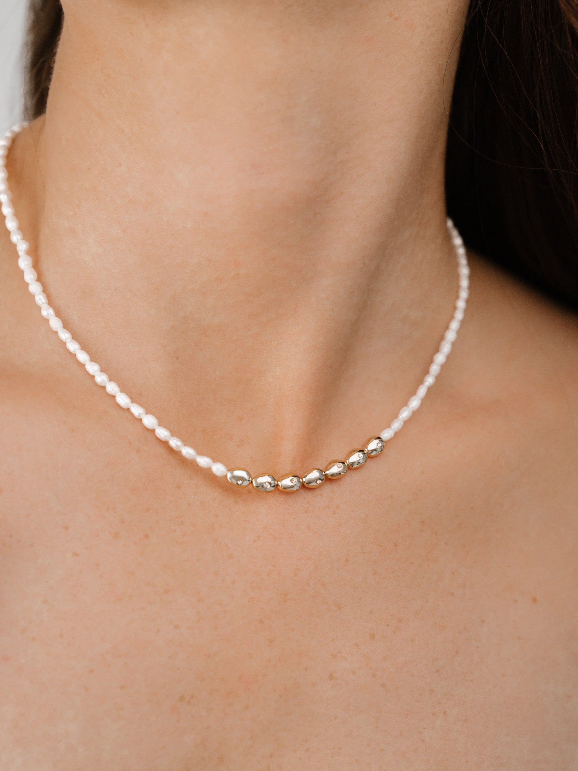 Freshwater Pearl Polished Pebble Beaded Necklace on model
