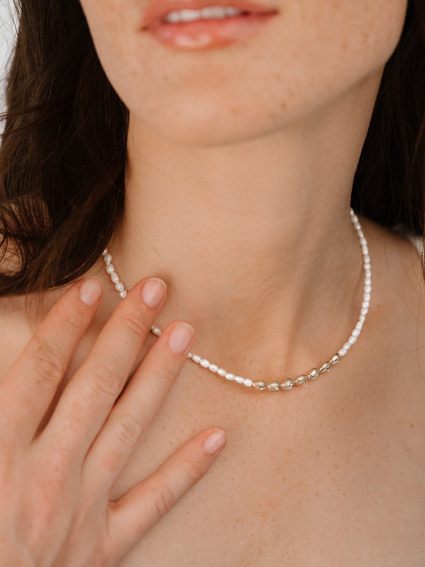 Freshwater Pearl Polished Pebble Beaded Necklace on model 2