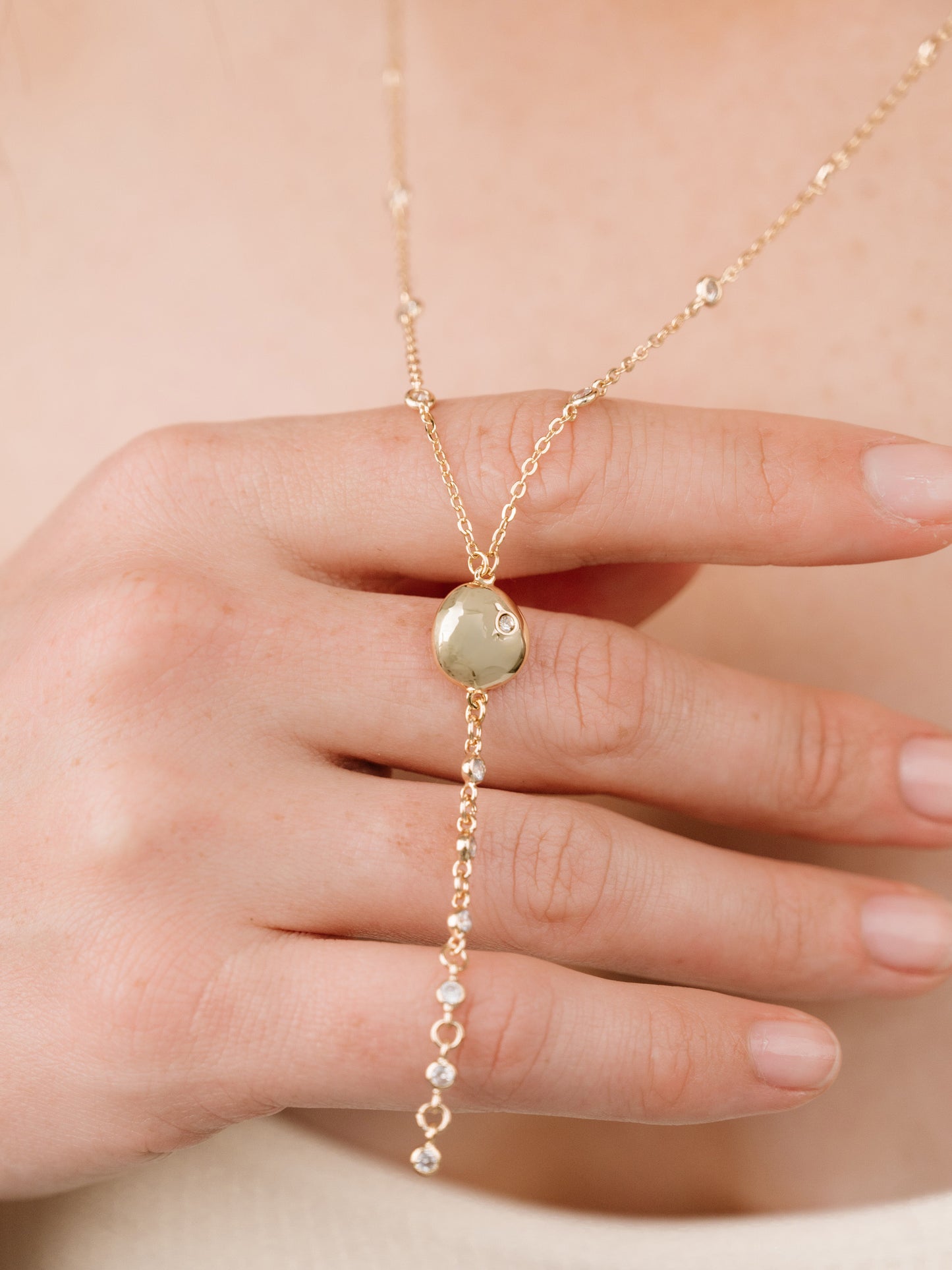 Polished Pebble Crystal Chain Lariat on model 2