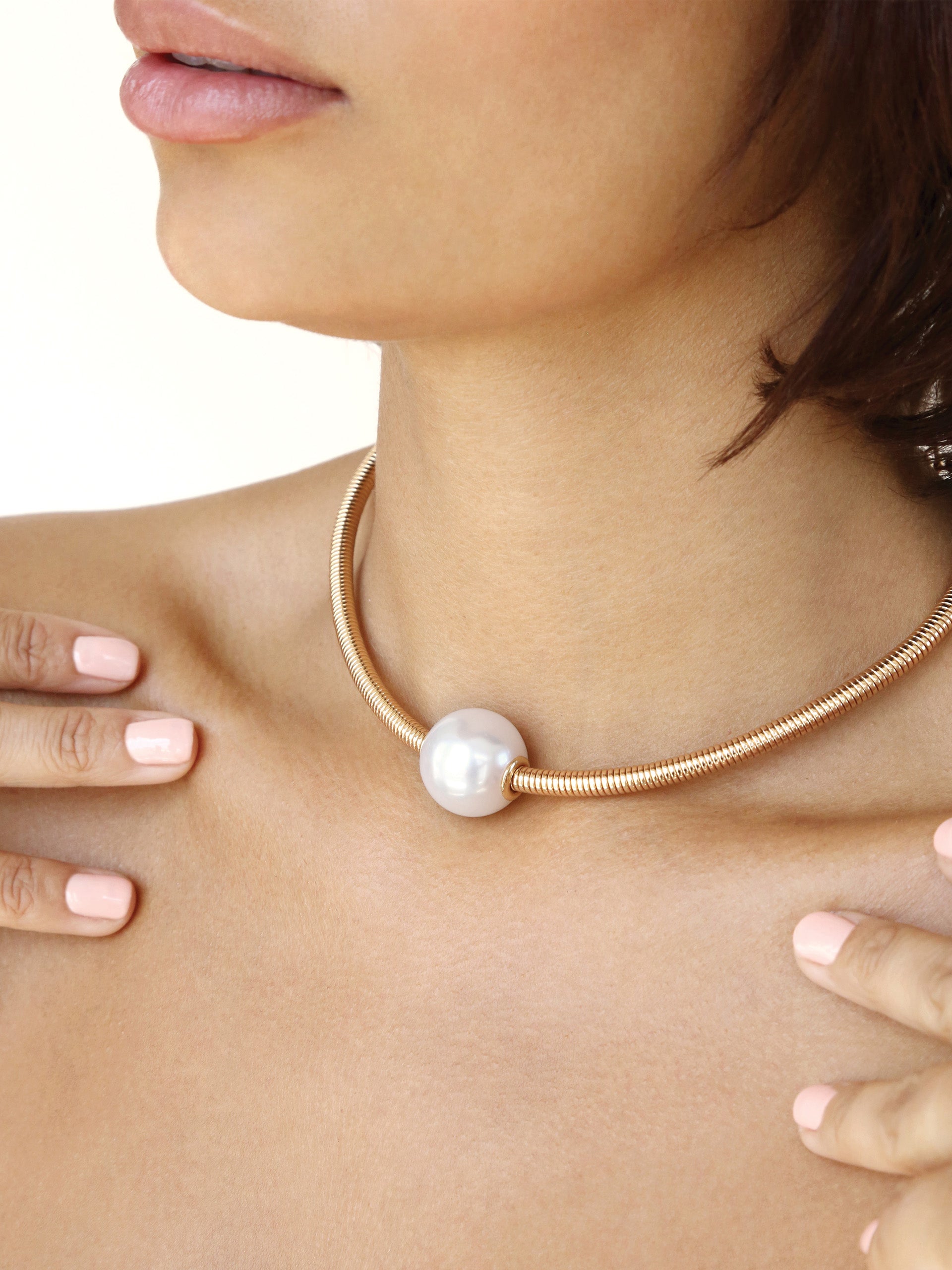 Pearl Pendant Thick Snake Chain Necklace on model 