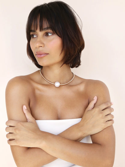 Pearl Pendant Thick Snake Chain Necklace on model 3