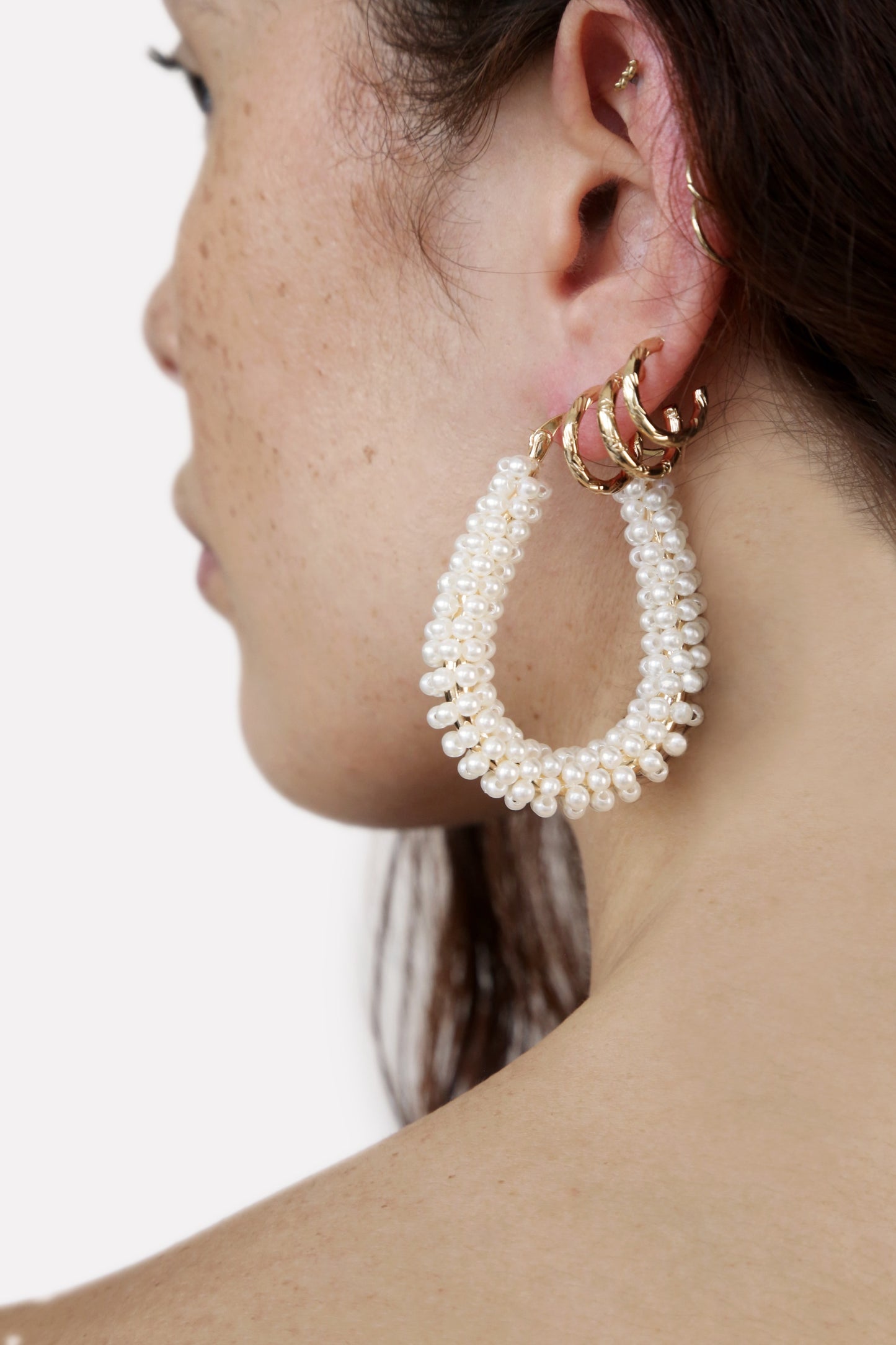 Pearl Wrapped Hoop Earrings on model 3