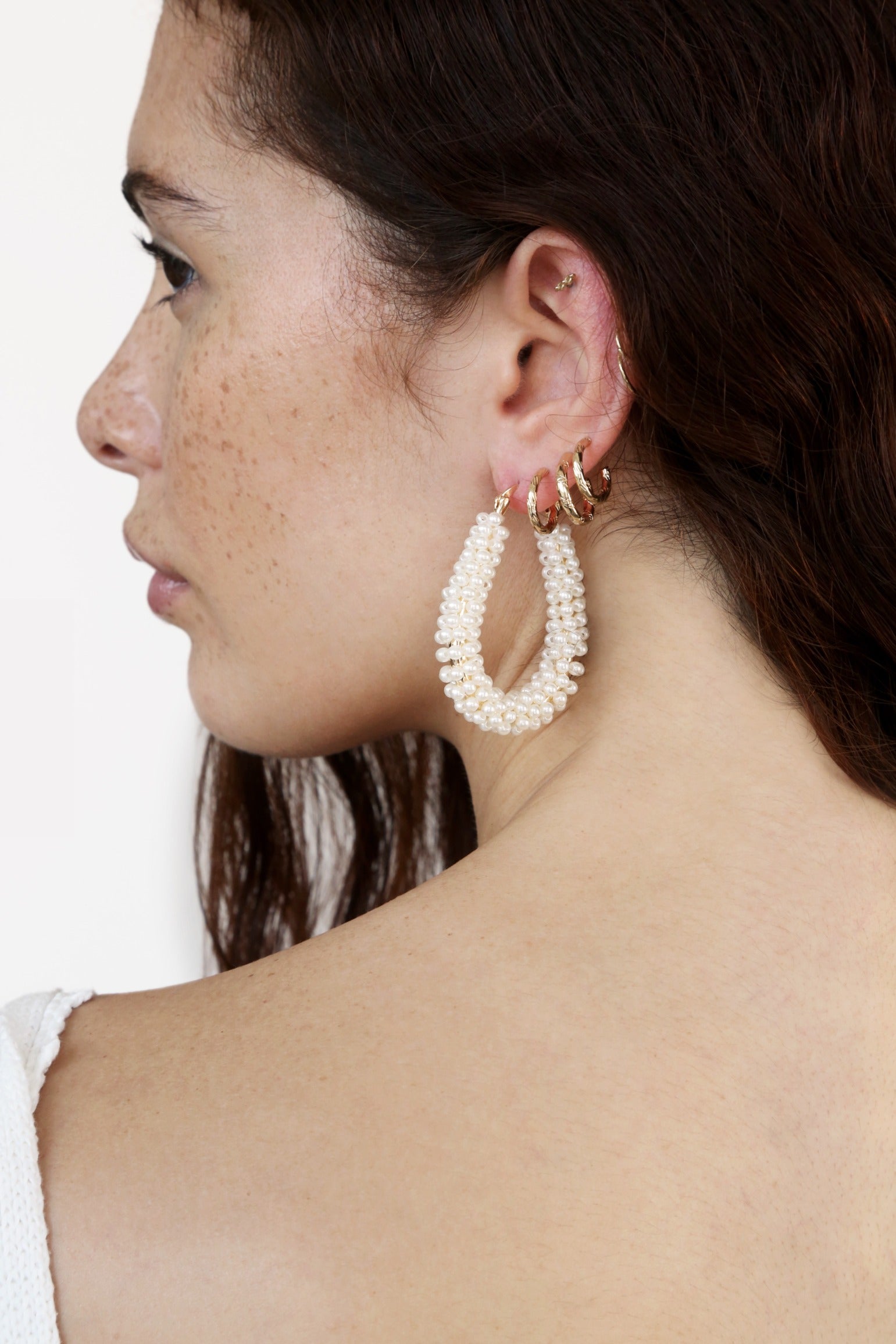 Pearl Wrapped Hoop Earrings on model 4