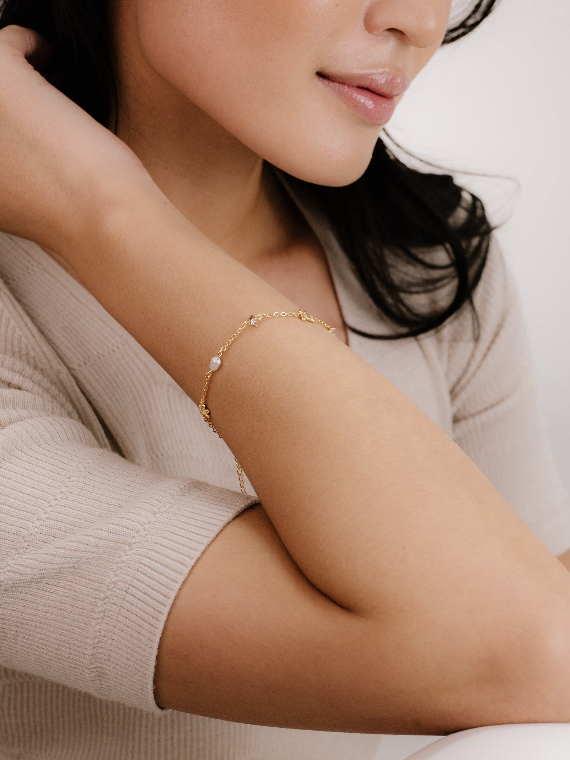 Subtle Butterflies and Pearl Bracelet on model 3