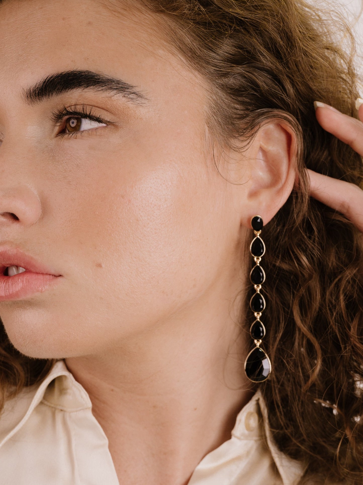 Crystallized Drop Earrings on model 4
