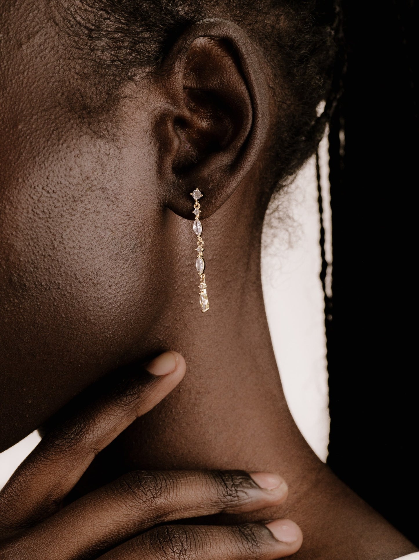 Dainty Linear Crystal Drop Earrings on model 2