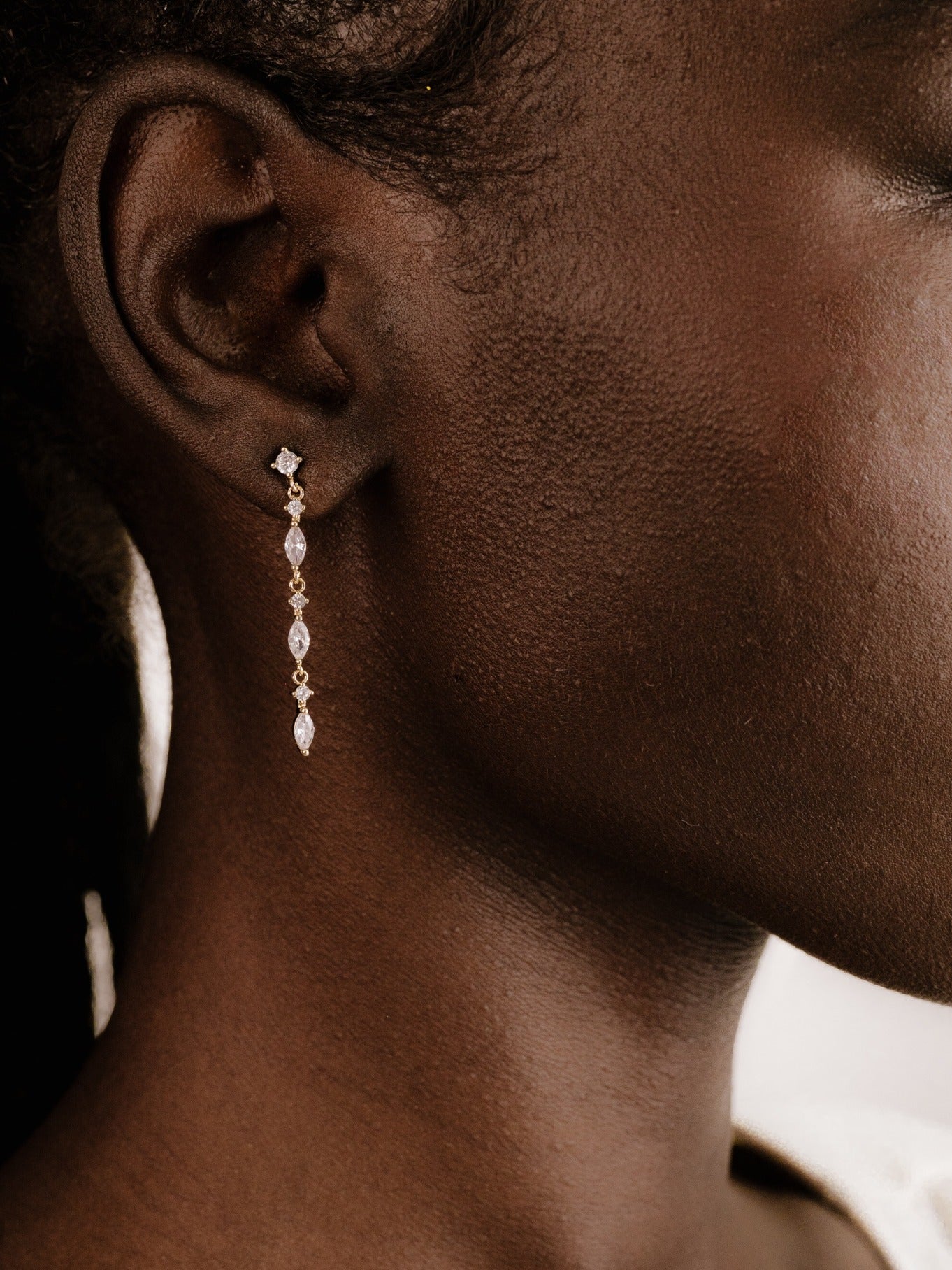 Dainty Linear Crystal Drop Earrings on model