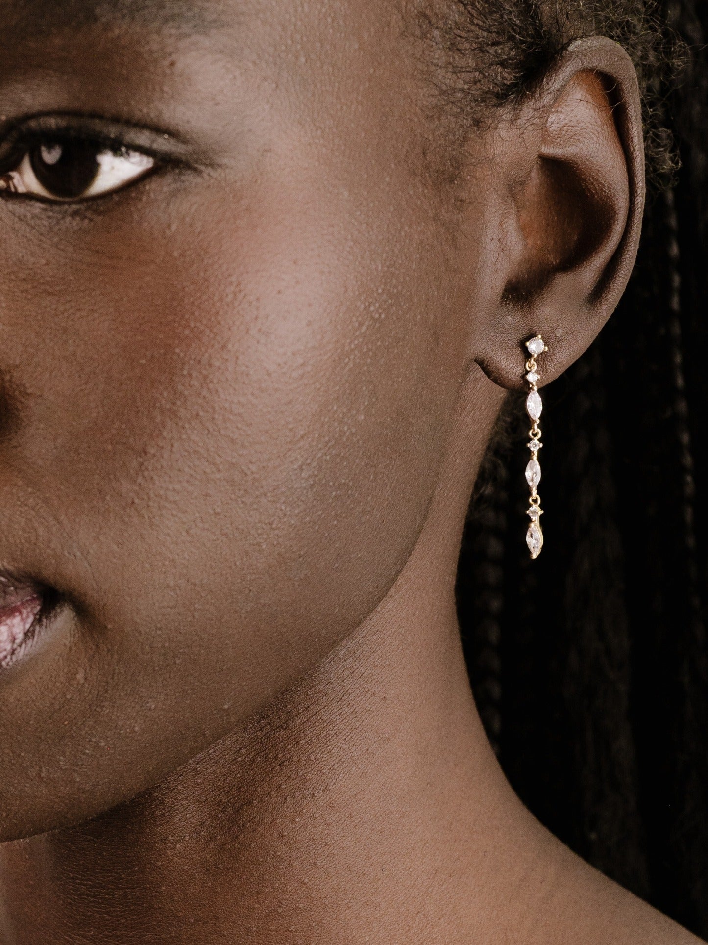 Dainty Linear Crystal Drop Earrings on model 3