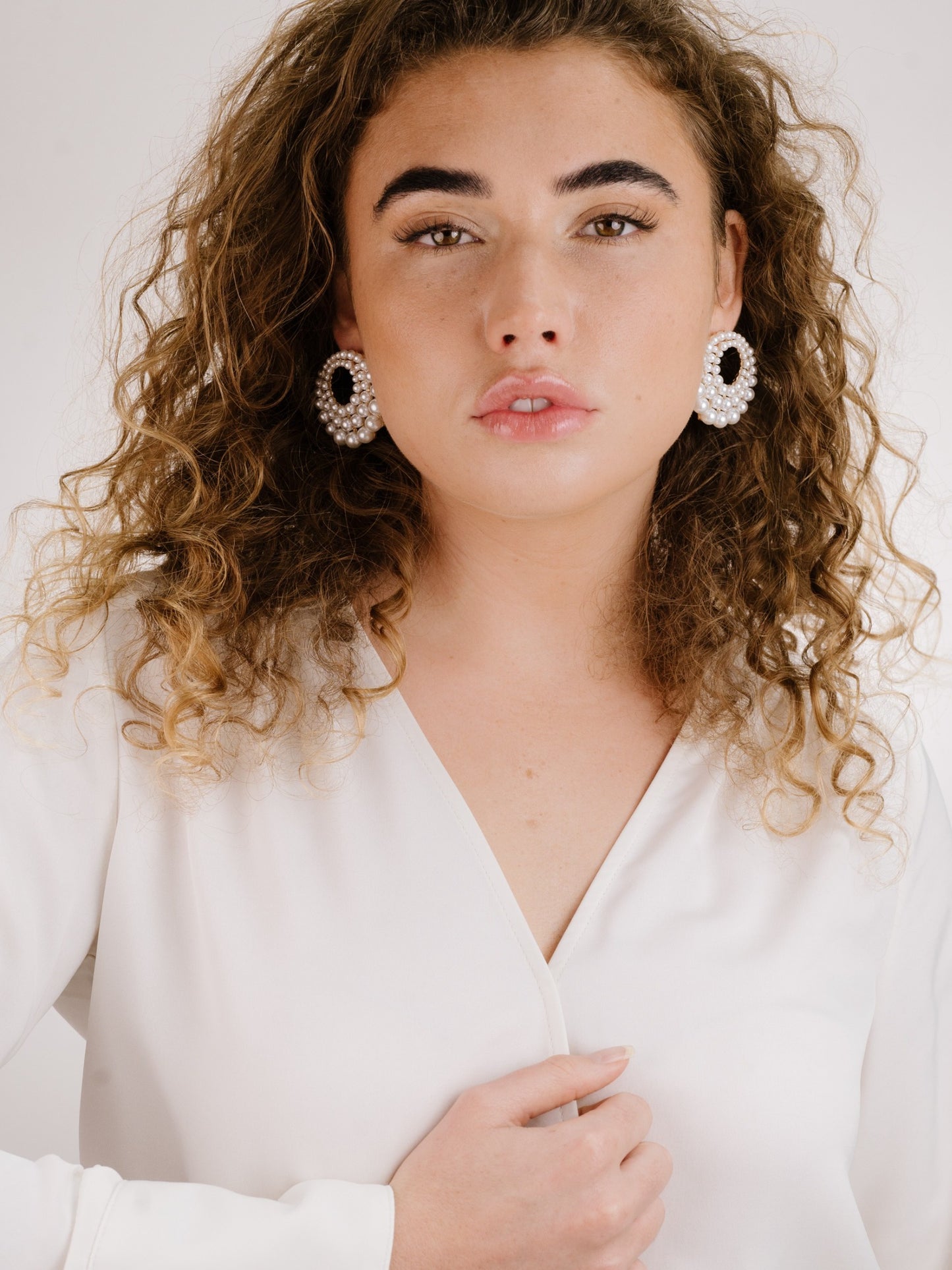 Blushing Pearl Earrings on model 4