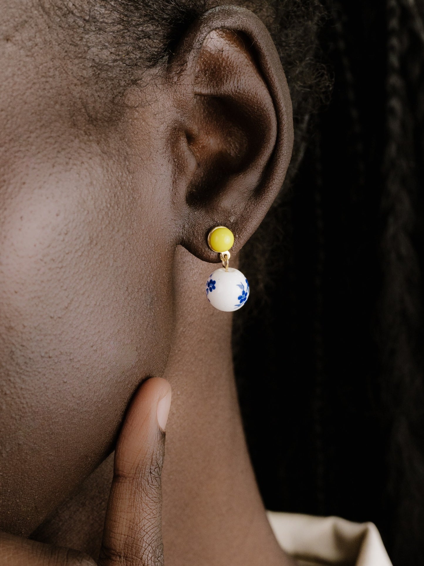 Indigo Floral Drop Earrings on model 2