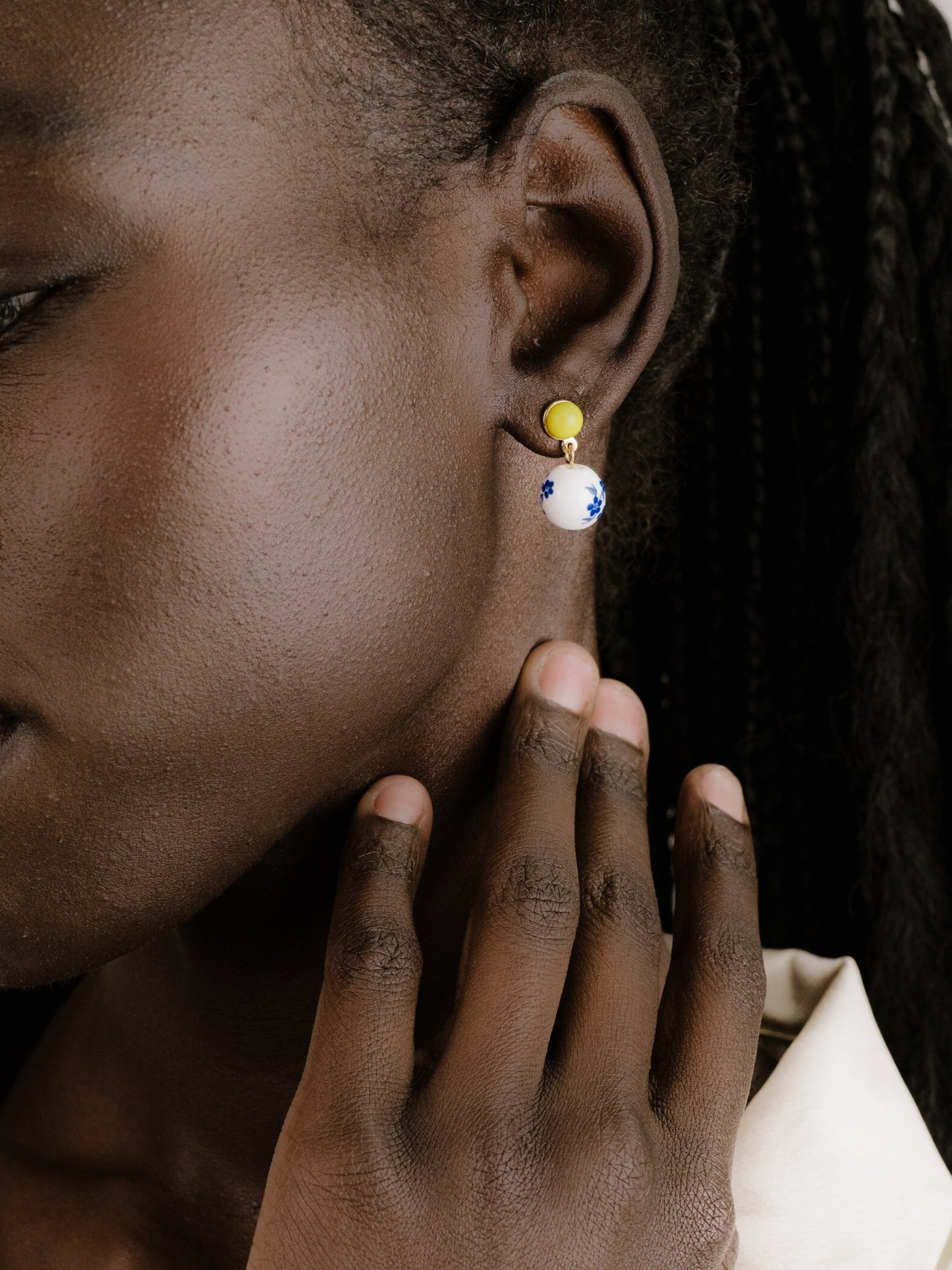 Indigo Floral Drop Earrings on model 3