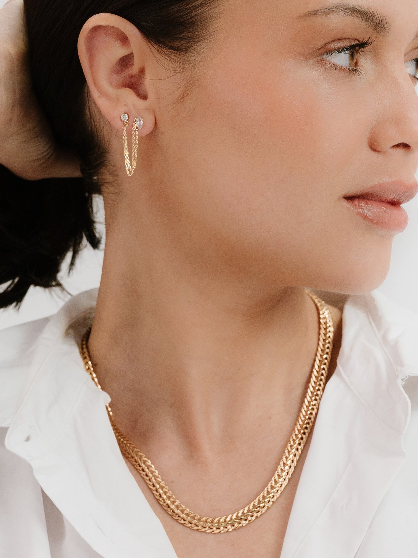 Double Piercing Chain Dangle Earrings in gold model view