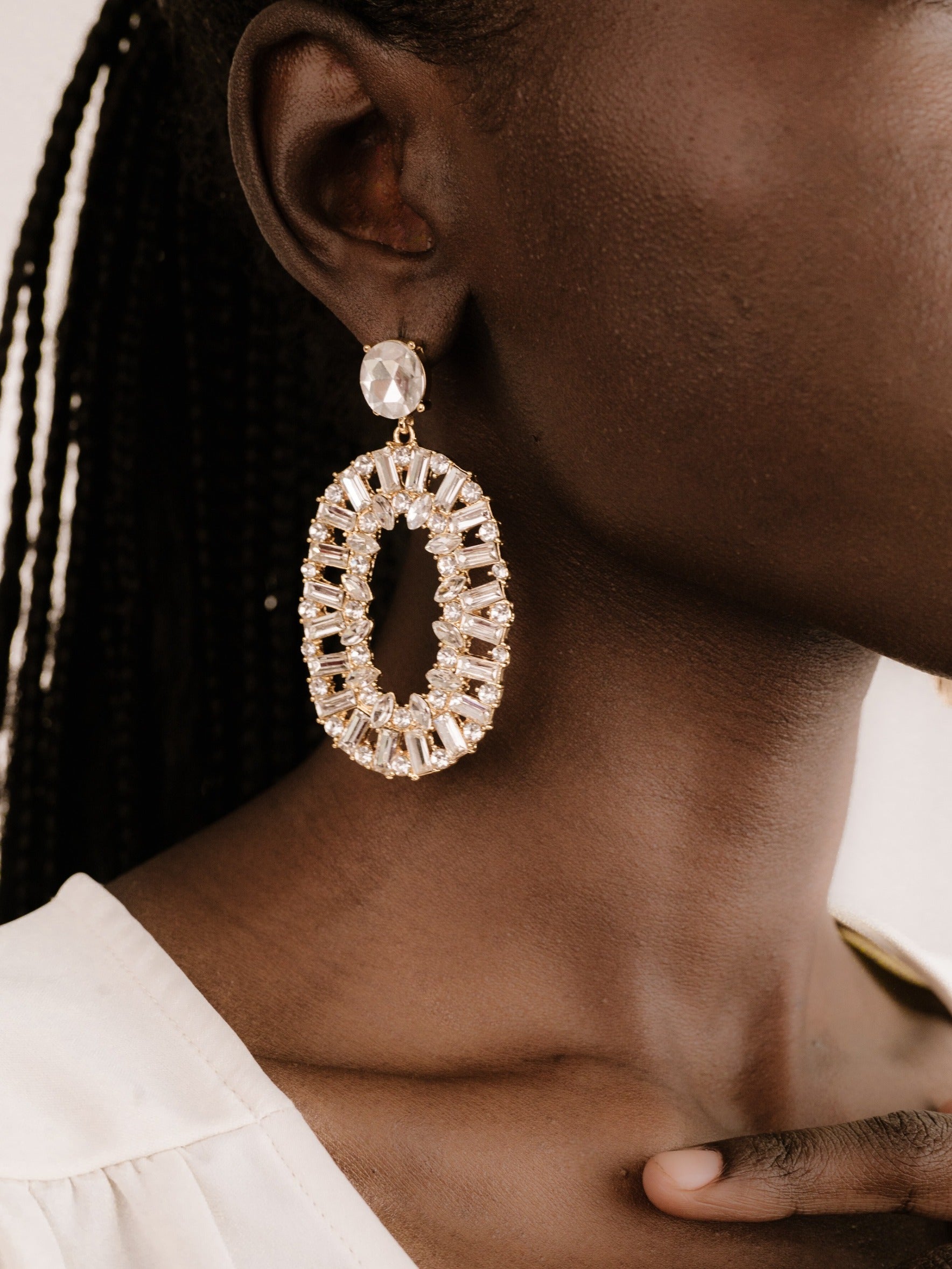 Sparkle Oval Dangle Earrings on model