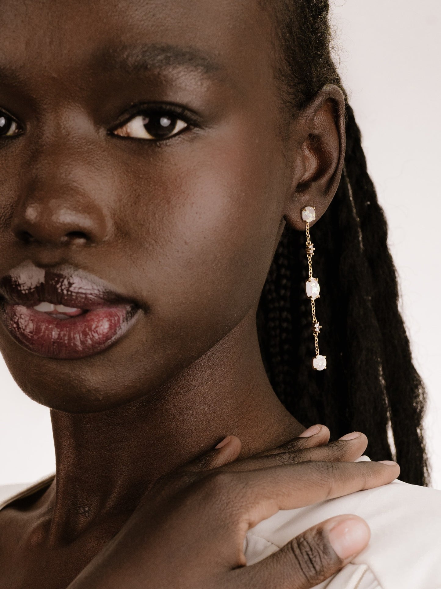 Elegant Opal Sway Dangle Earrings on model 4
