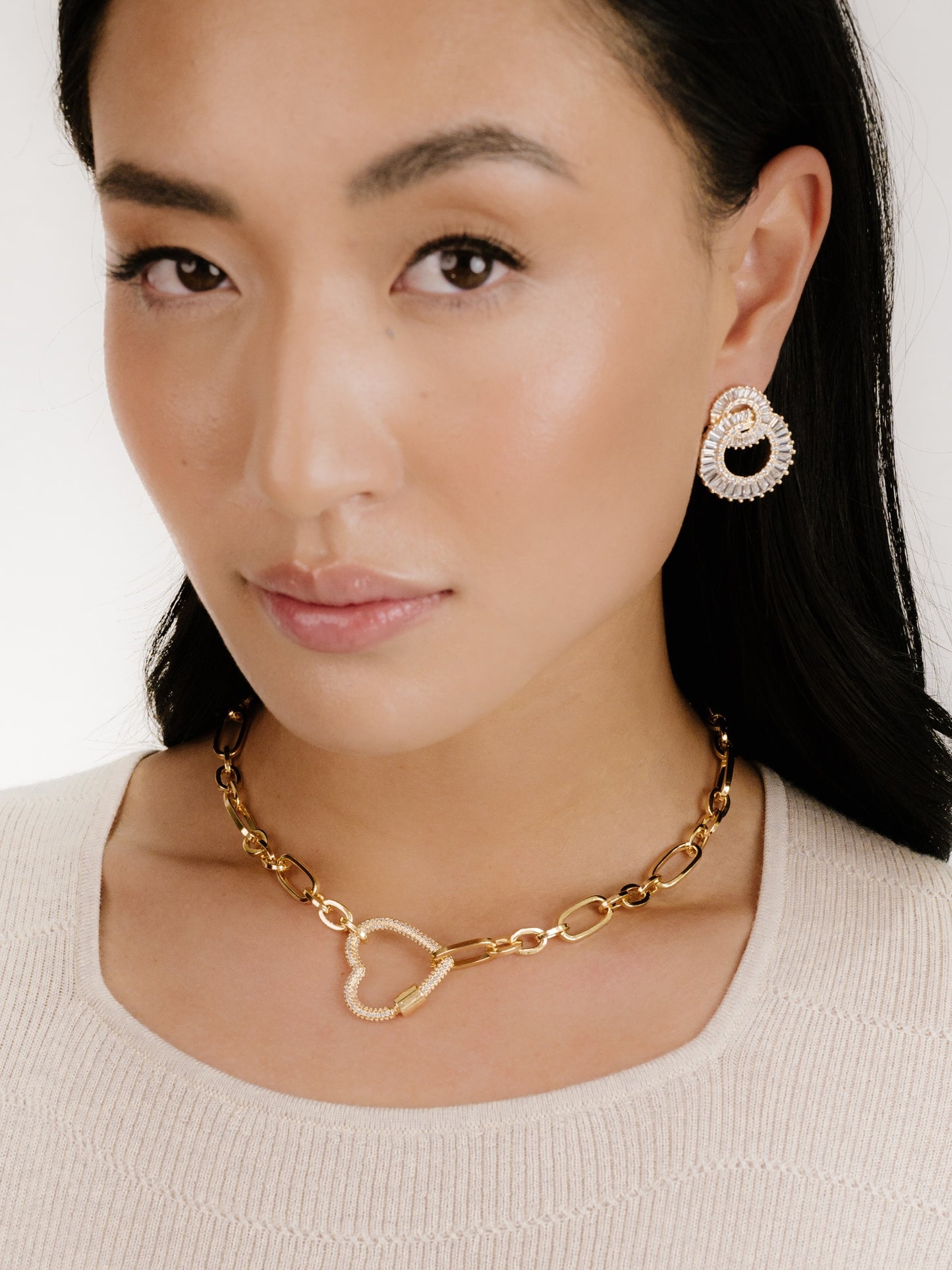 Rotating Circles Crystal Earrings on model 4