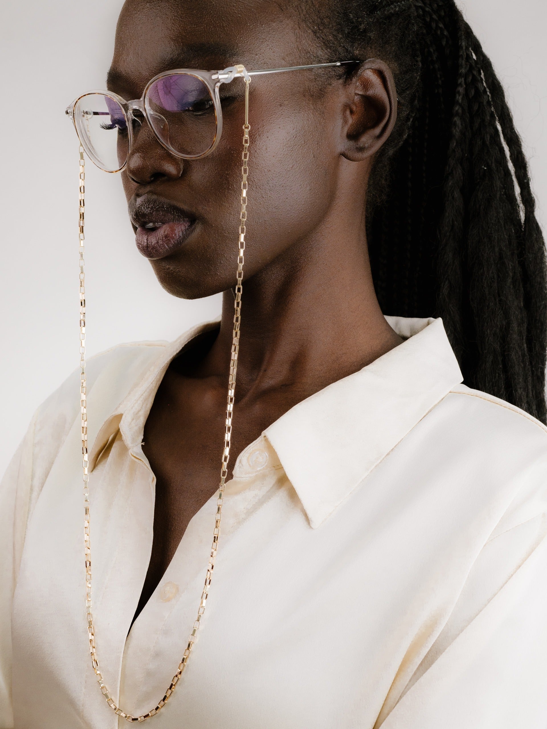 Golden Rays Rectangle Glasses Chain on model 3