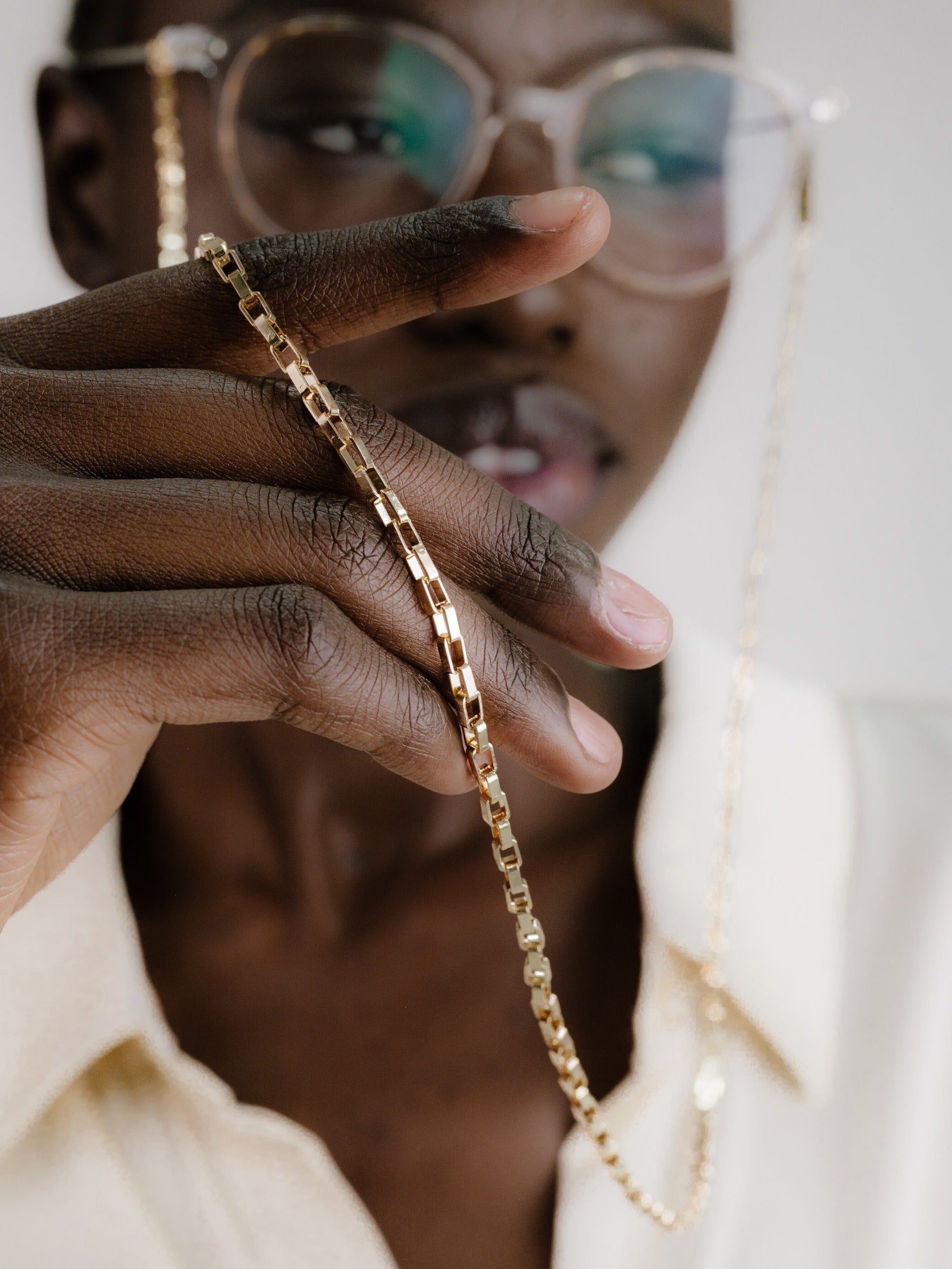 Golden Rays Rectangle Glasses Chain on model 2