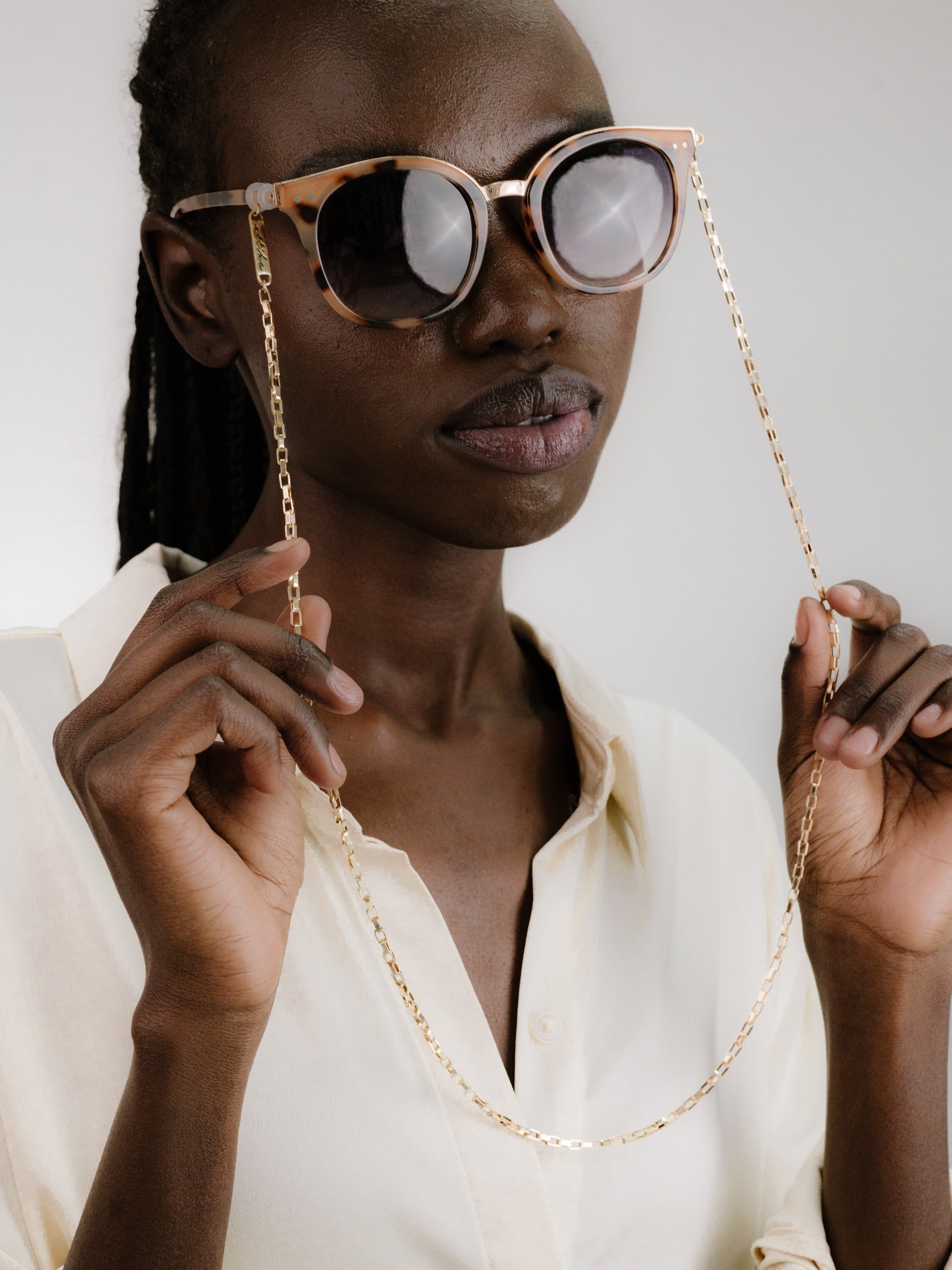 Golden Rays Rectangle Glasses Chain on model 5