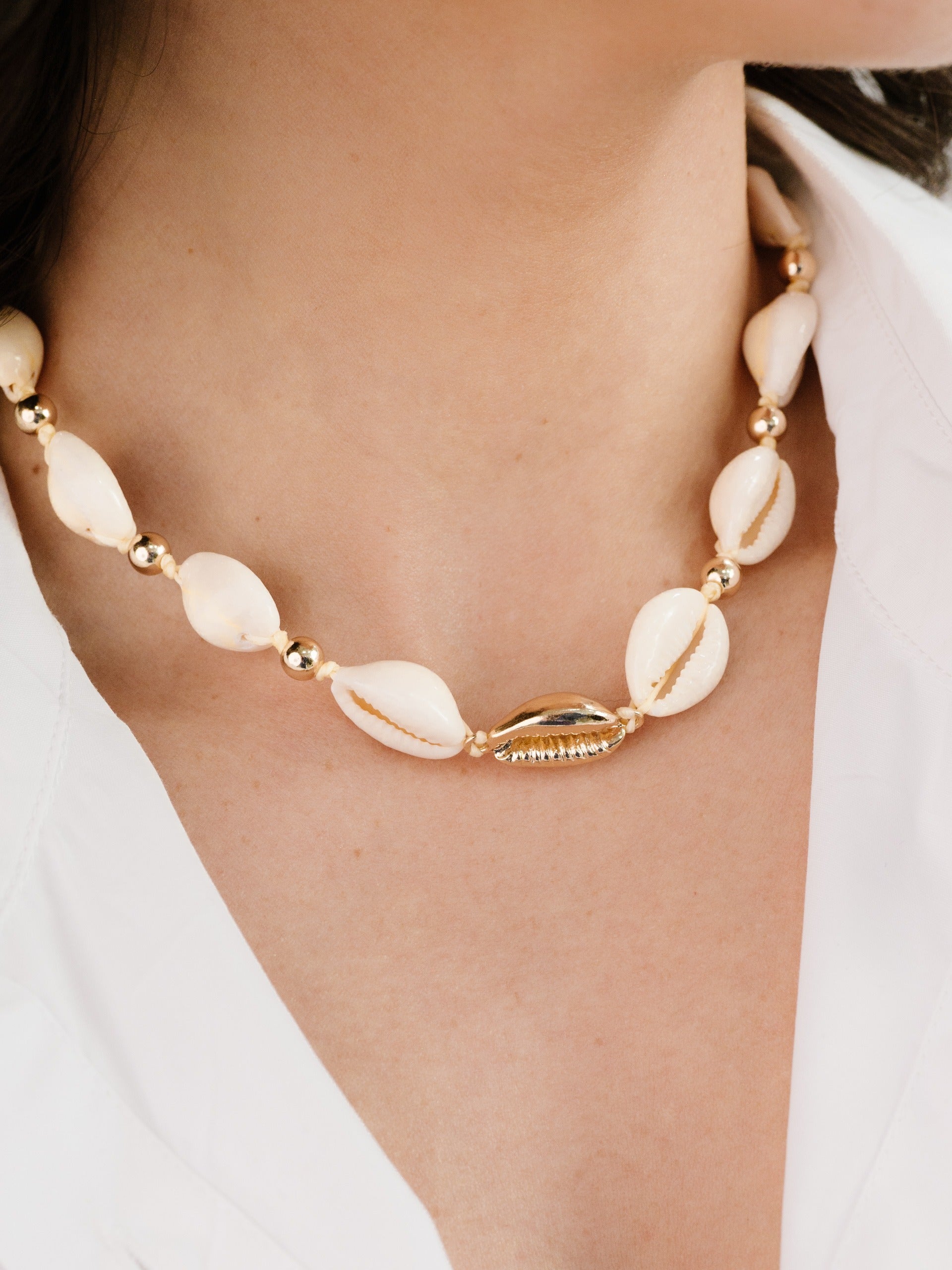 Out to Sea Cowrie Shell Necklace on model 3