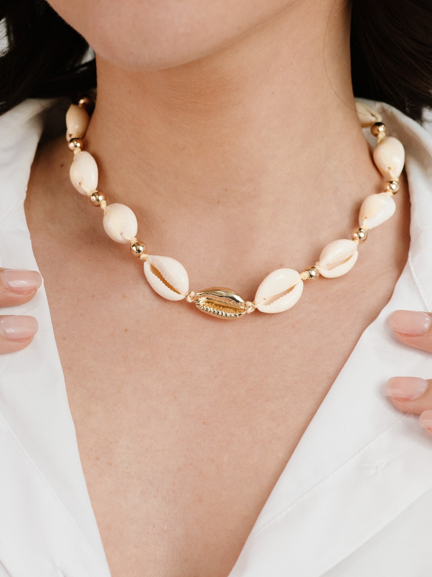 Out to Sea Cowrie Shell Necklace on model 4