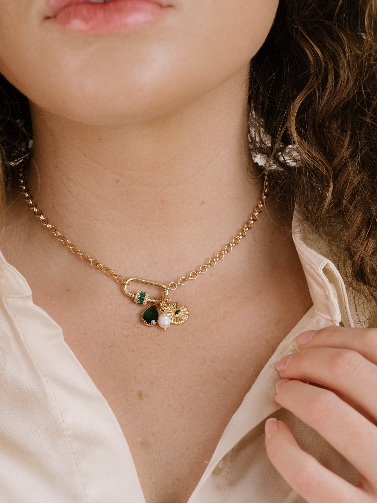 Green Queen Crystal Charm Necklace on model 2