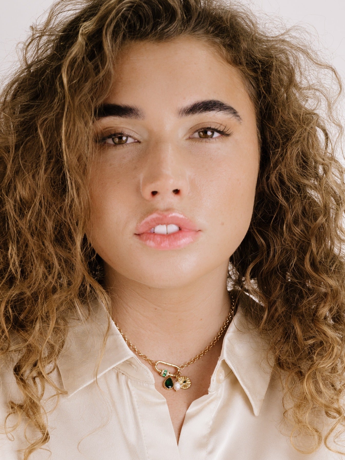 Green Queen Crystal Charm Necklace on model 3