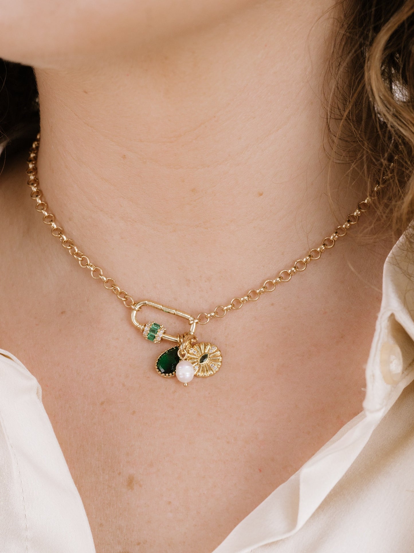 Green Queen Crystal Charm Necklace on model 5