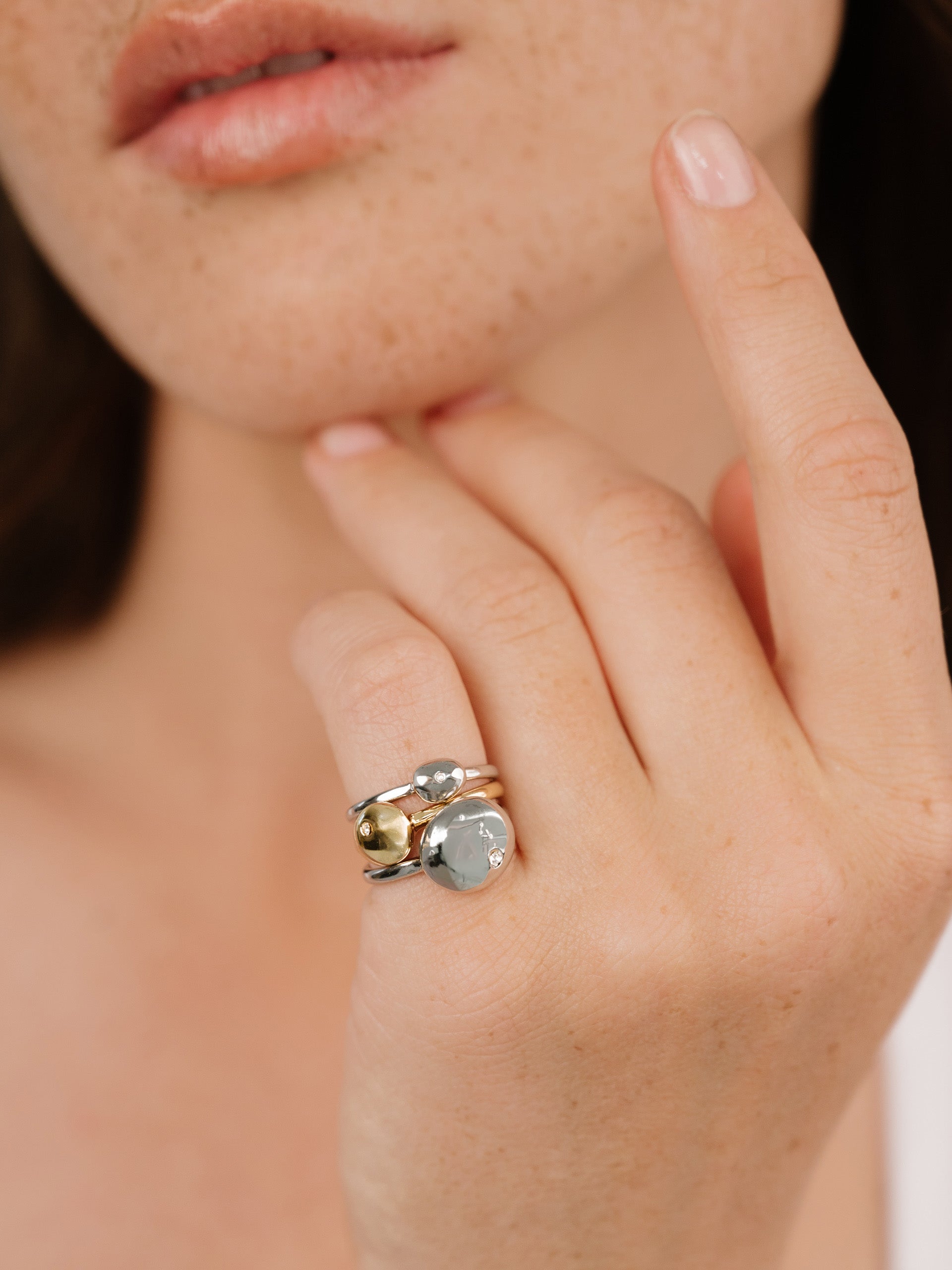 Polished Stacking Pebble Ring Set Rhodium and 18k Gold Plated model 2
