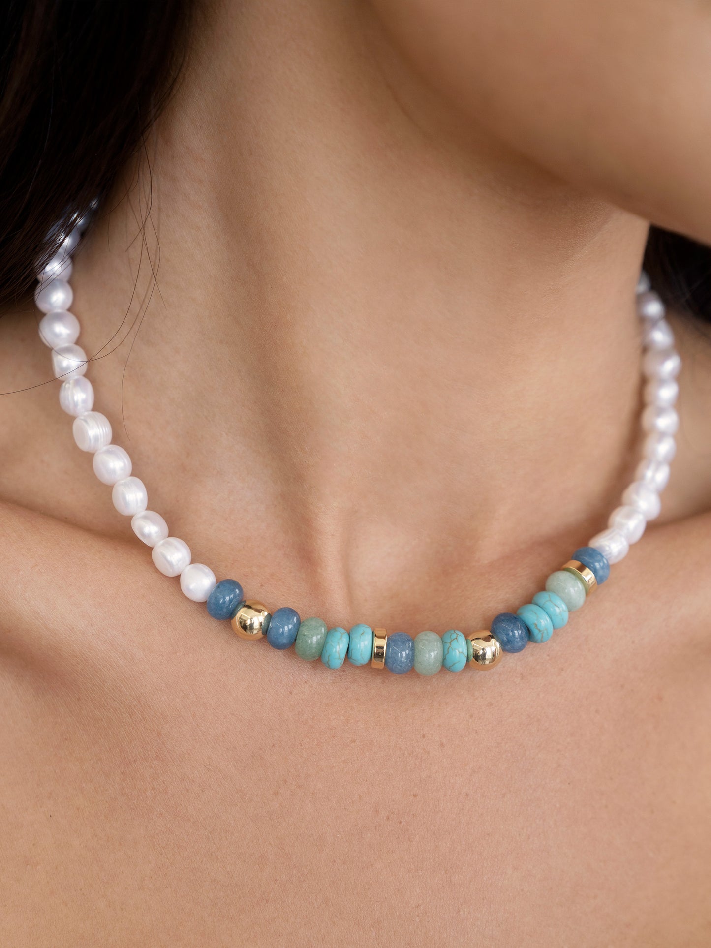 Beach Day Pearl and Blue Gemstone Necklace on model 3