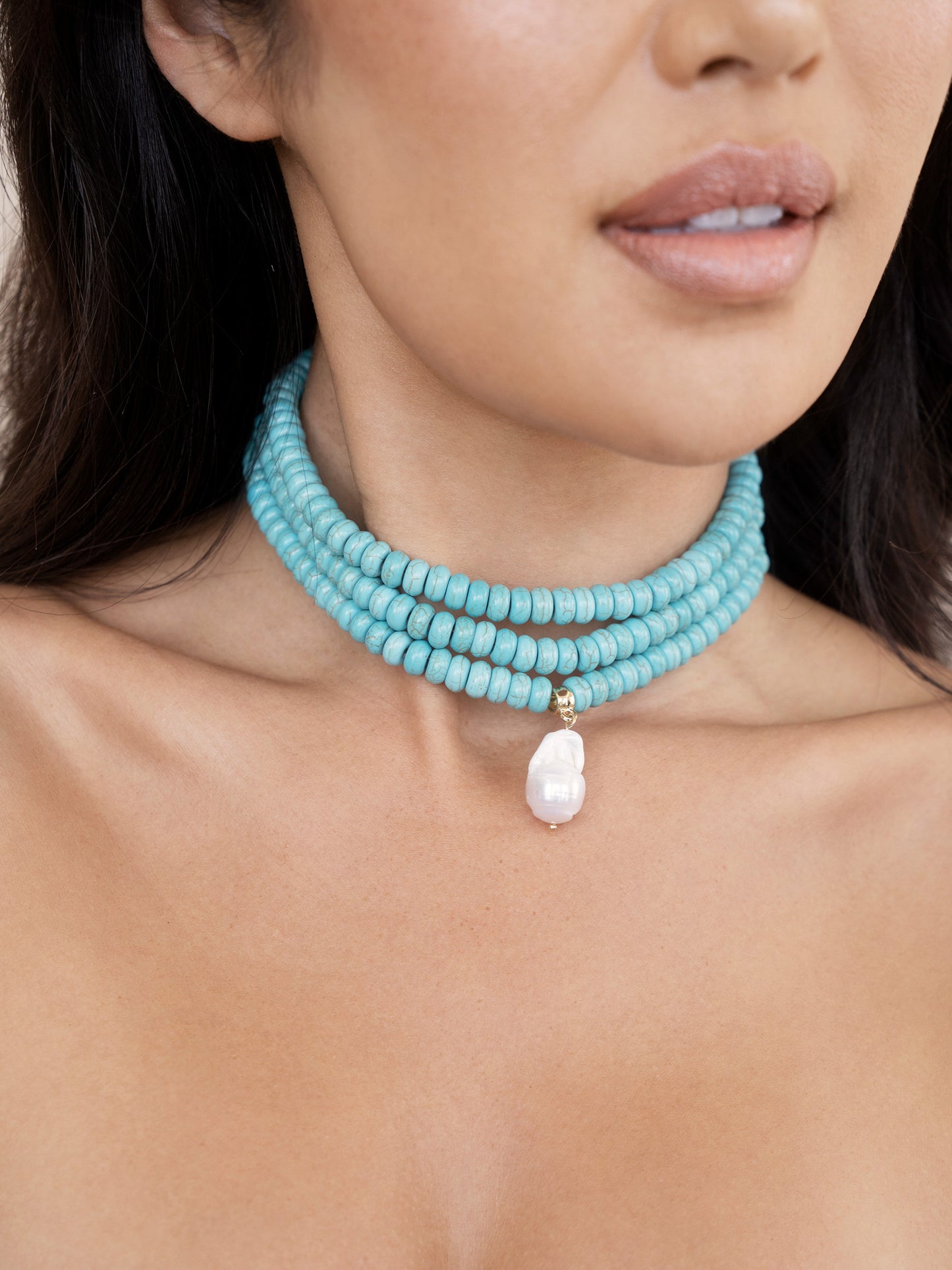 Marina Layers Turquoise Beaded Pearl Pendant Necklace on model 2