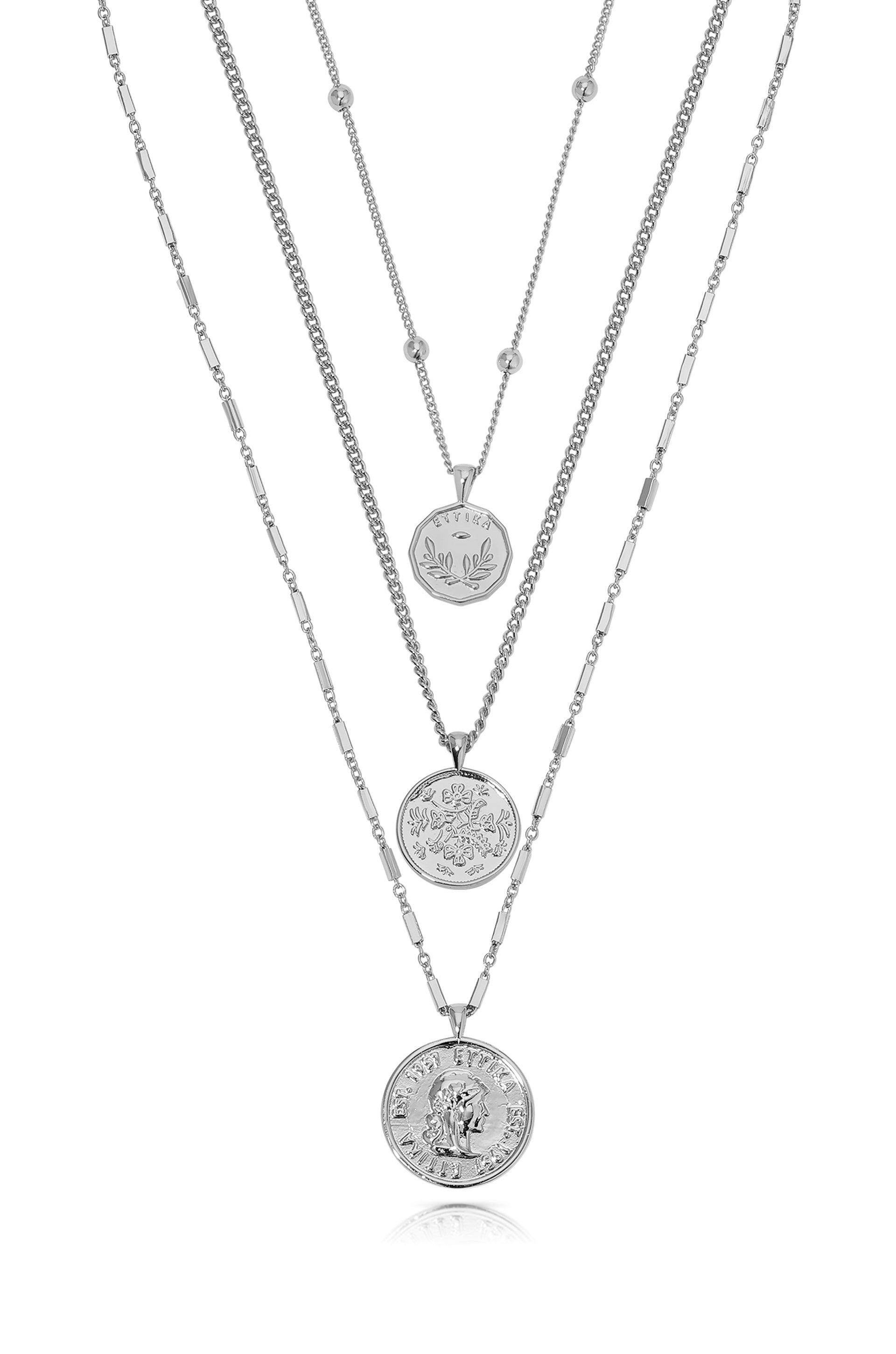 Three Coins Necklace Set Rhodium Plated