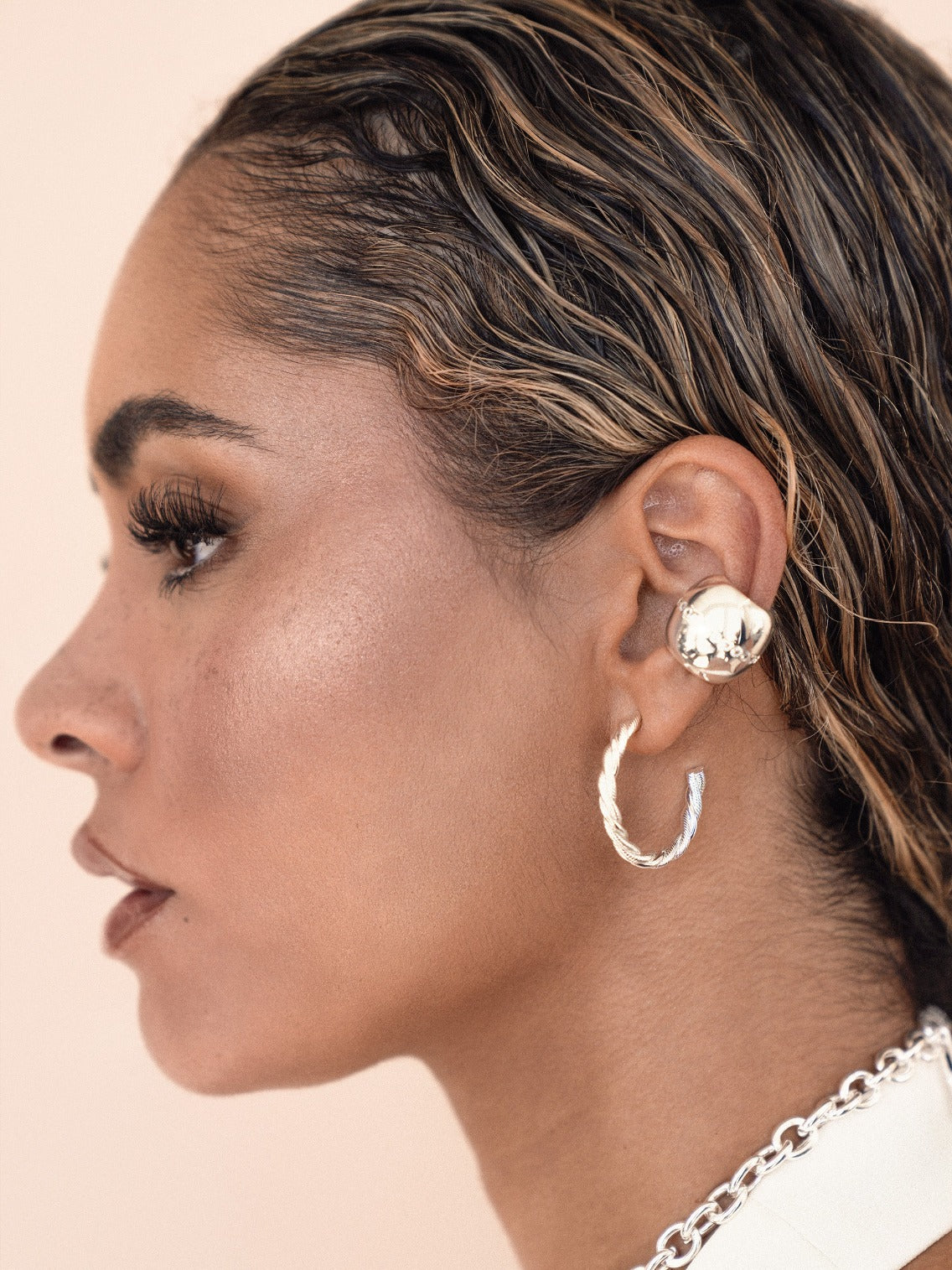 Center Crystal Line Chunky Ear Cuff Clear Crystal with Silver Plating model