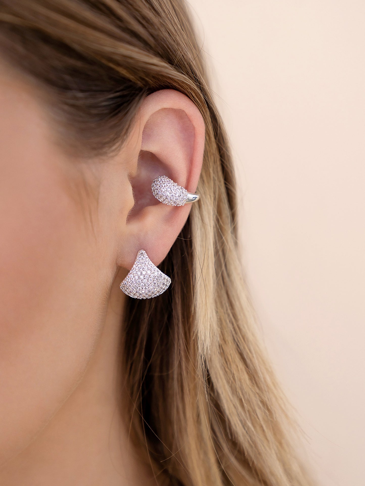 Pavé Encrusted Huggie Hoops Clear Crystal with Silver Plating model 2