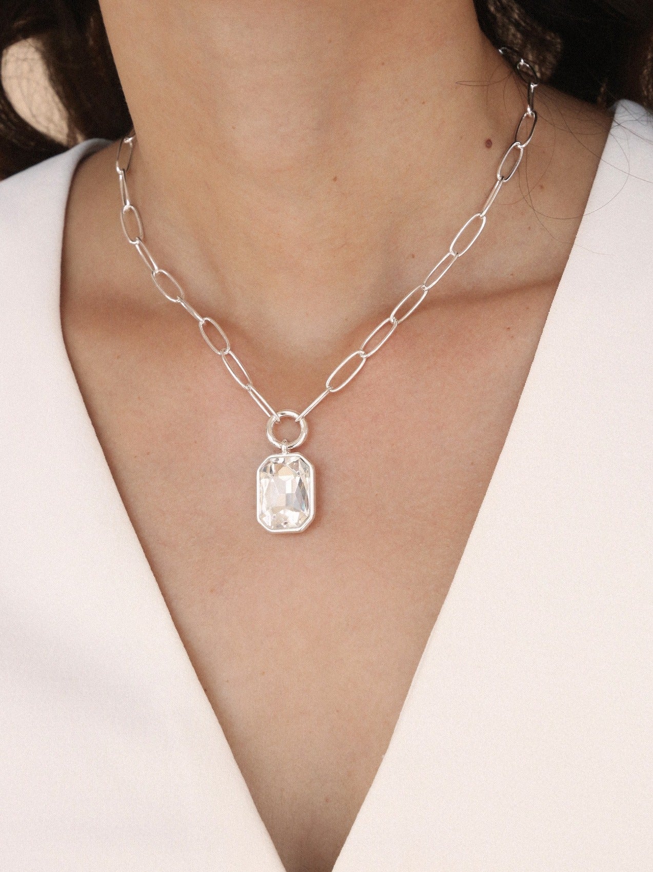Deco Pendant Necklace Clear Crystal with Silver Plating model