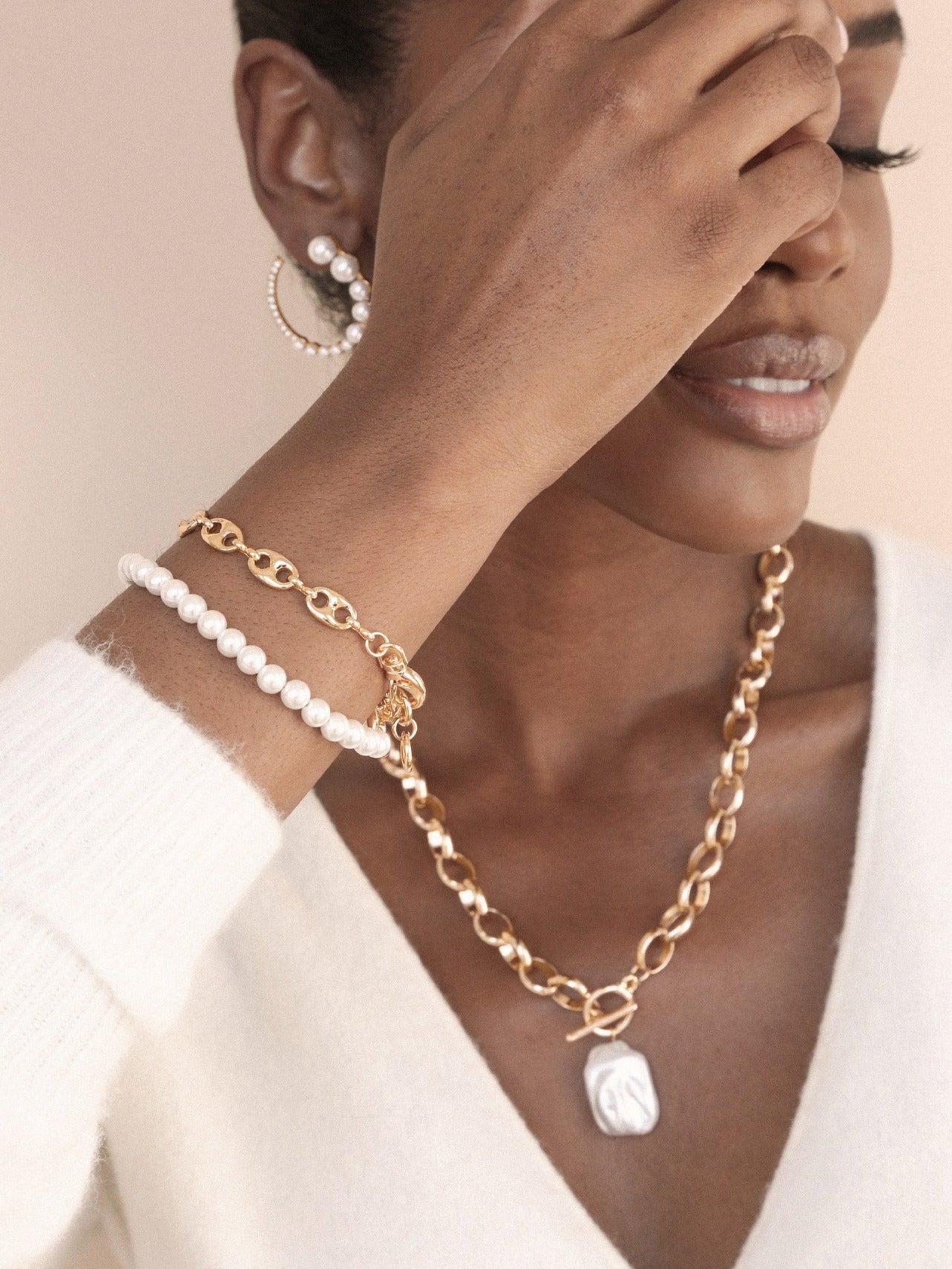 Pearl and Modern Chain Link Wrap Bracelet on model 3