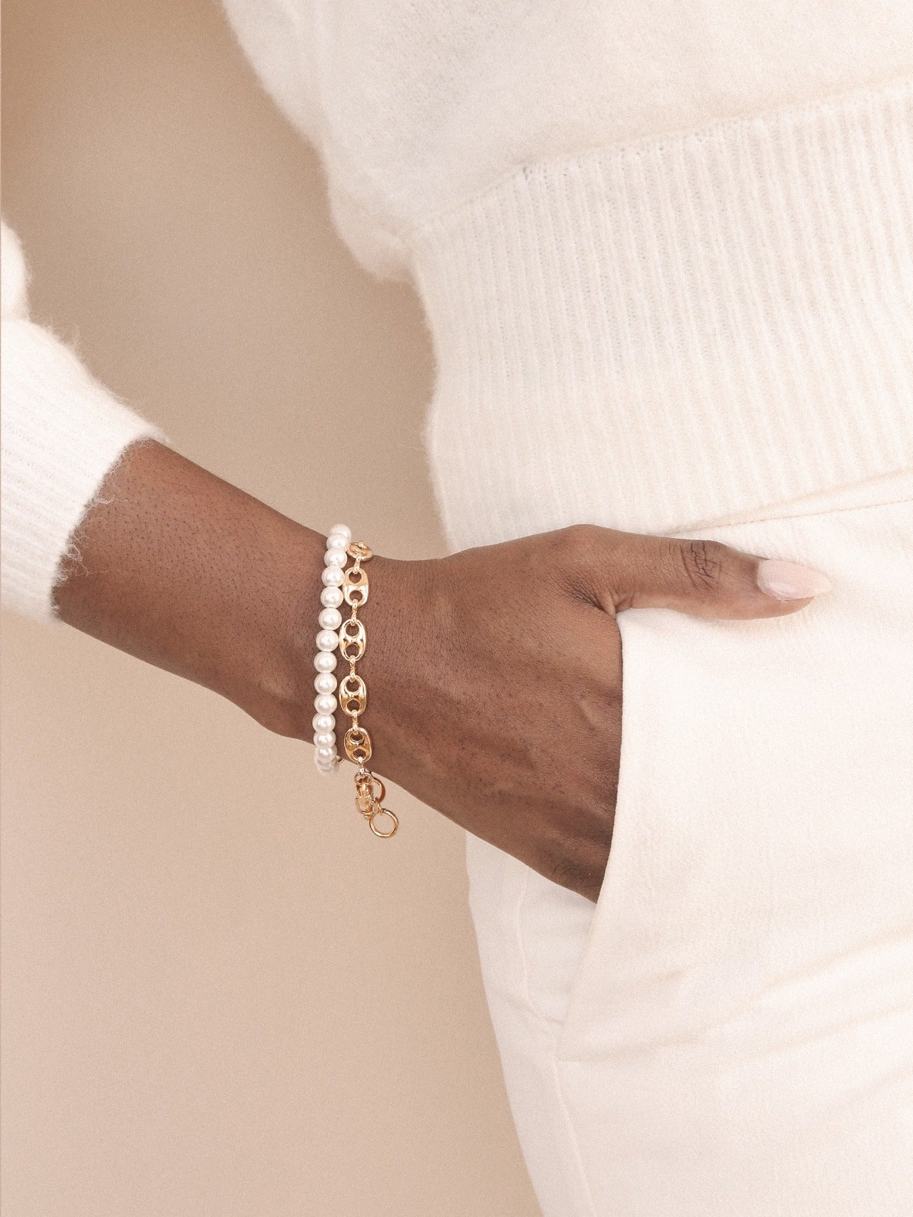 Pearl and Modern Chain Link Wrap Bracelet on model
