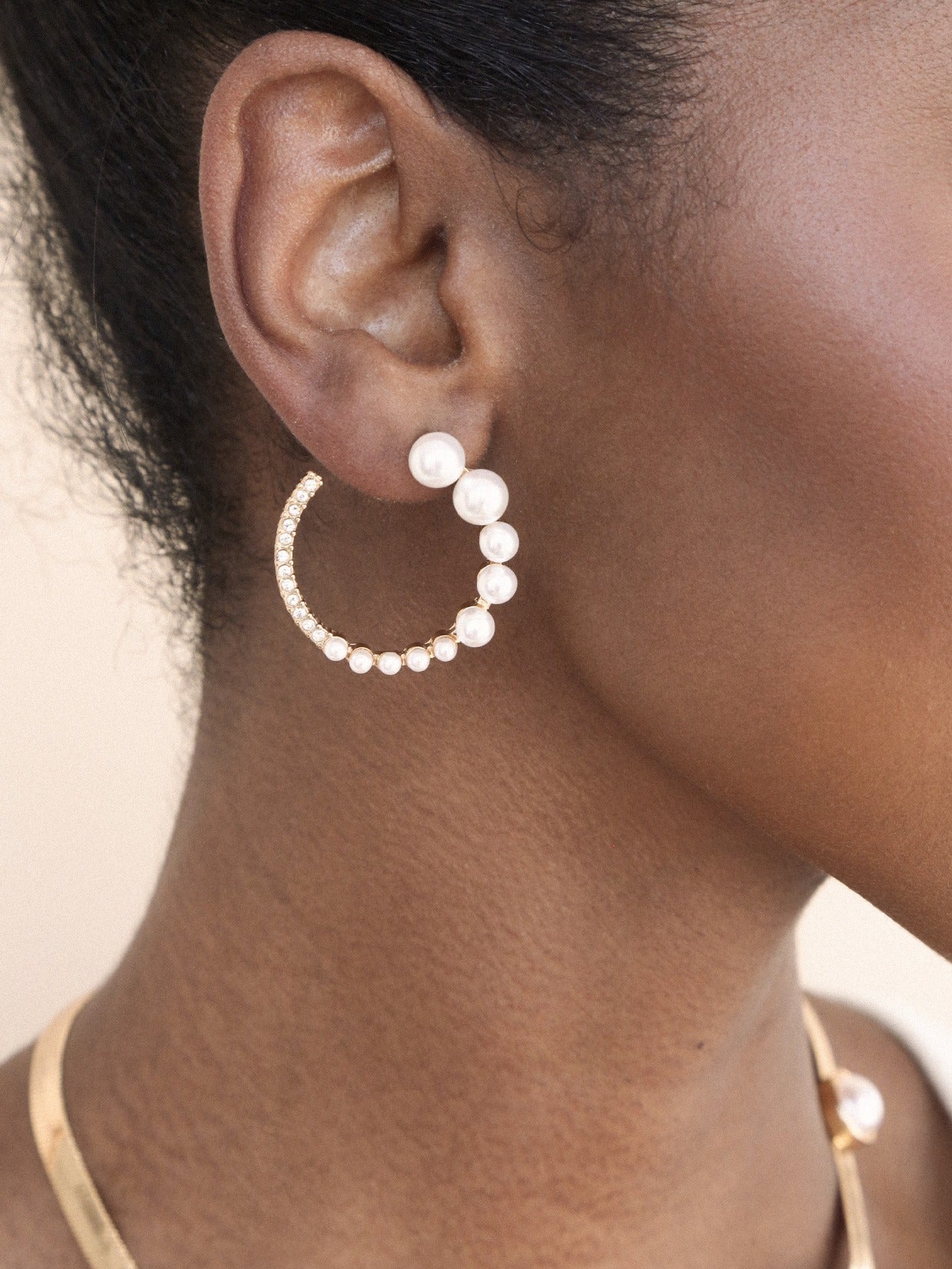 Chic Pearl And Crystal Open Circle Earrings on model 2