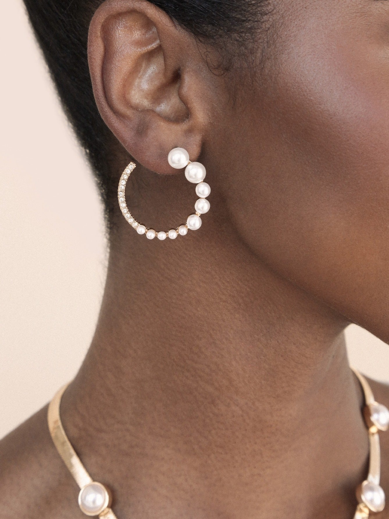 Chic Pearl And Crystal Open Circle Earrings on model 3
