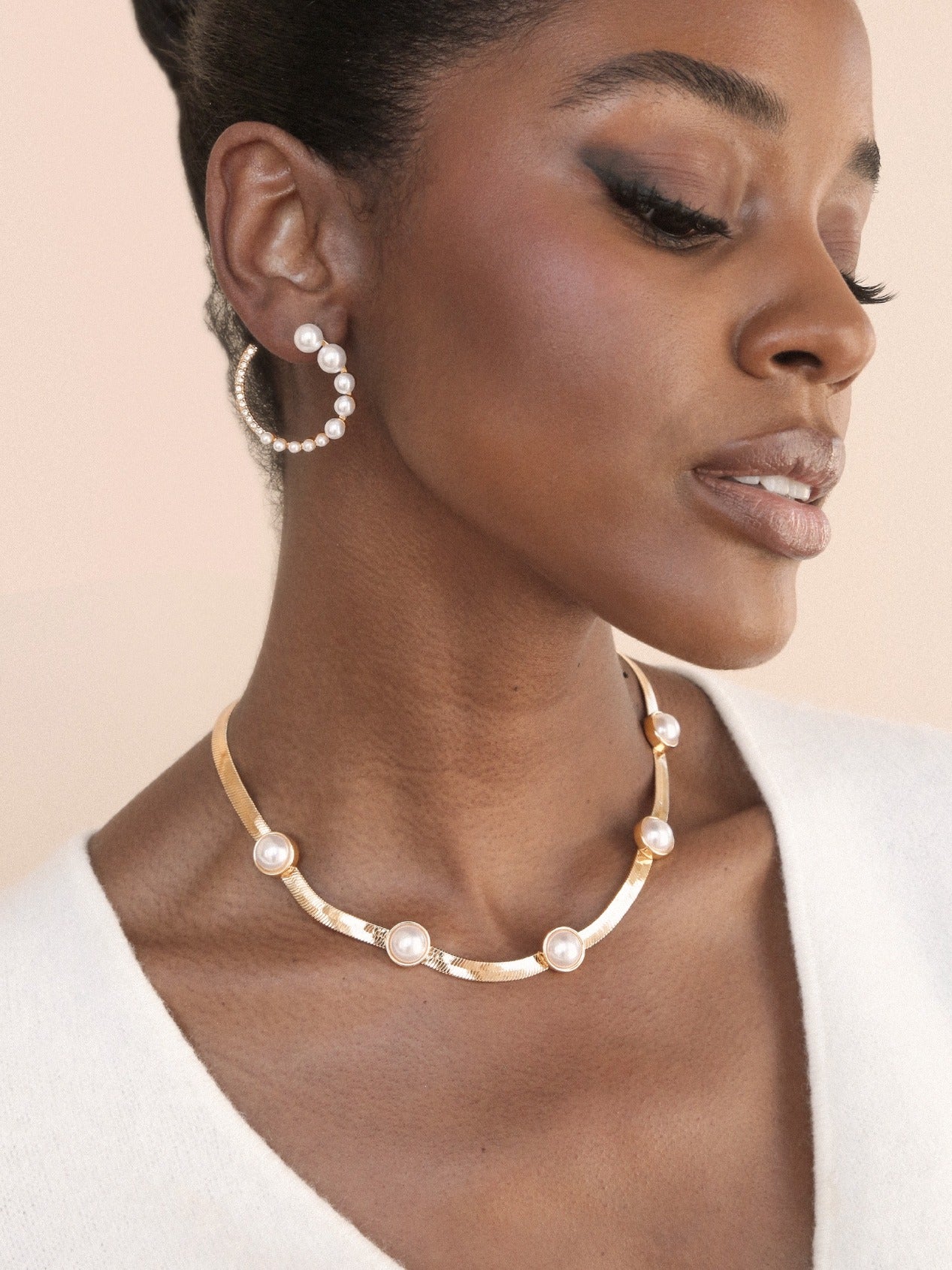 Chic Pearl And Crystal Open Circle Earrings on model 4