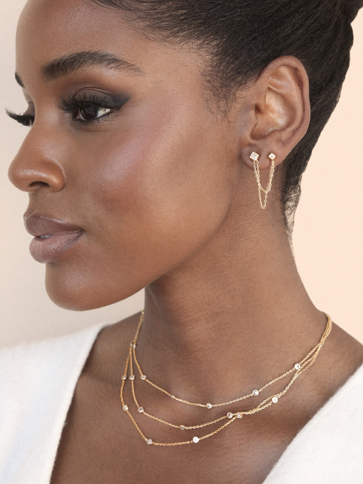 Double Piercing Diamond Shape Earrings on model 2